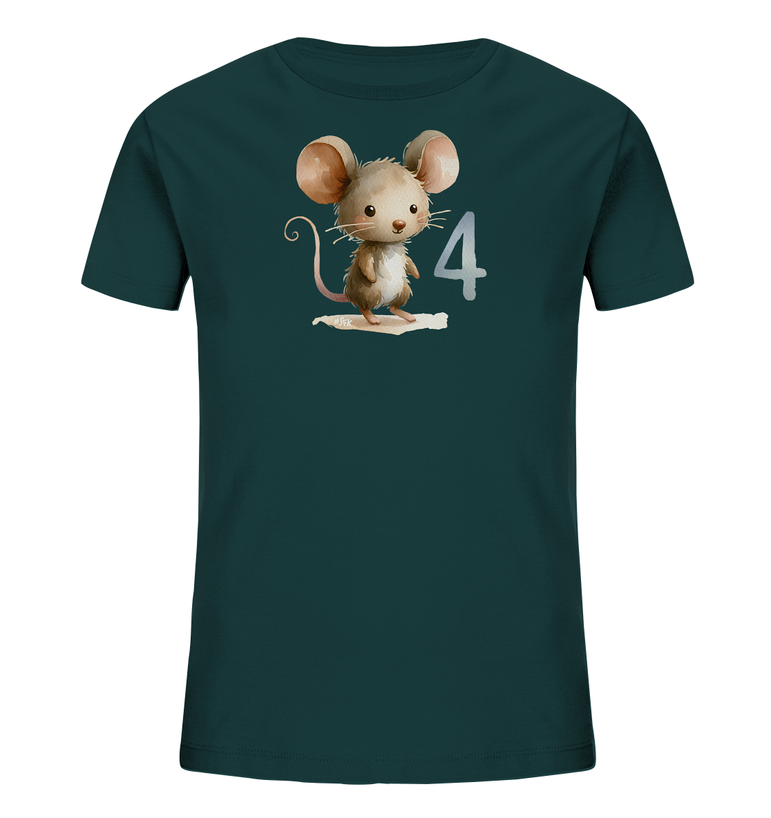 Onlineshop Shirts fuer Kinder - Das Shirt ist dunkelgruen und zeigt eine niedliche Grafik einer Maus mit grossen Ohren. Die Maus steht auf einem zerrissenen Papierelement. Daneben ist die Zahl '4' abgebildet. Das Design wirkt verspielt und ansprechend.