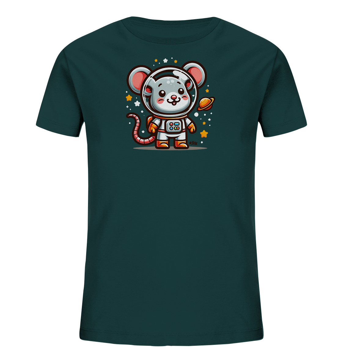 Onlineshop Shirts fuer Kinder - Das Bild zeigt ein dunkelgruenes Kinder-T-Shirt mit einer Illustration einer suessen Astronautenmaus. Die Maus traegt einen Weltraumanzug und einen Helm und hat ein freundliches Gesicht. Um die Maus herum sind kleine Sterne und ein Planet abgebildet. Das Design vermittelt einen spielerischen Weltraum-Charakter.