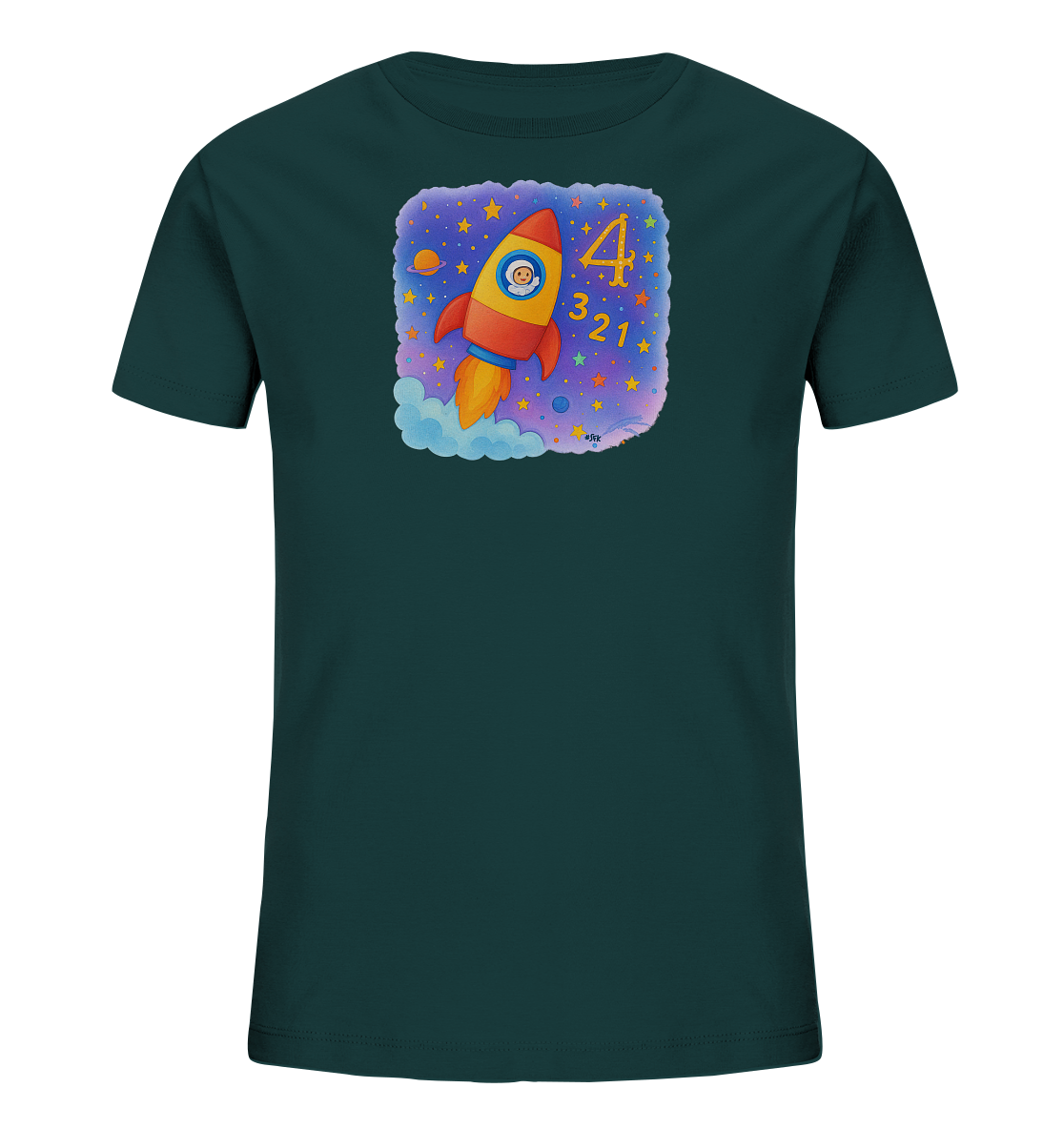Onlineshop Shirts fuer Kinder - Das Bild zeigt ein dunkelblau-gruenes T-Shirt fuer Kinder mit einem Weltraum-Motiv. Eine rote Rakete mit einer Figur darin fliegt nach oben, umgeben von Sternen, Planeten und Wolken. Deutlich sichtbar ist die grosse Zahl '4', darunter stehen die Zahlen '3, 2, 1'. Dieses Design ist farbenfroh und thematisiert den Start einer Rakete.