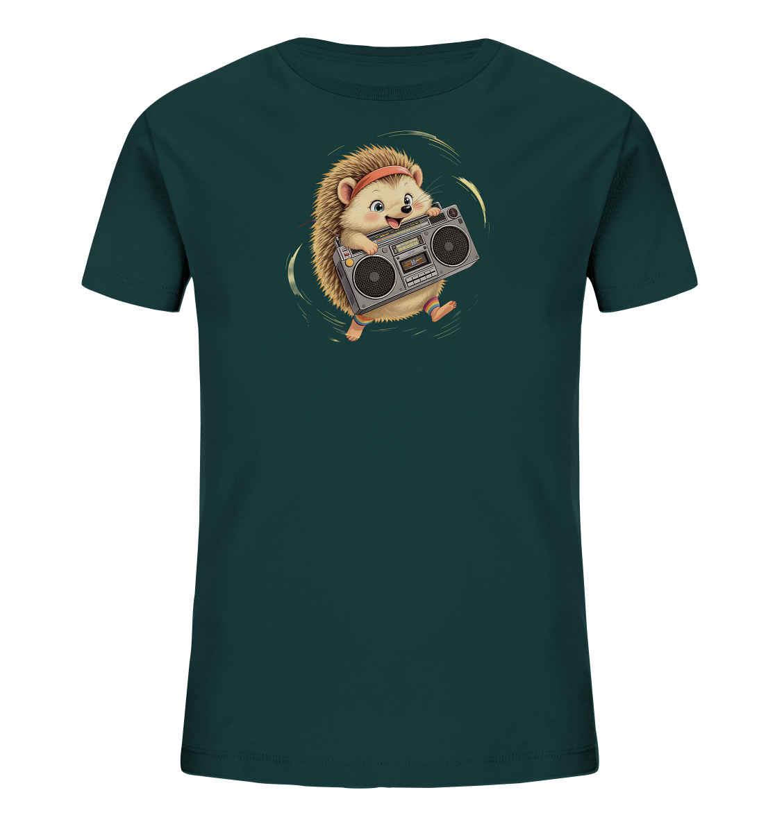 Onlineshop Shirts fuer Kinder - Das Bild zeigt ein dunkelgruenes Kinder-T-Shirt mit einem zentralen Motiv. Darauf ist ein froehlicher Igel mit einem roten Stirnband und bunten Armbaendern abgebildet. Der Igel haelt einen grauen Boombox und ist von dynamischen, gelblichen Wirbeln umgeben, die Bewegung andeuten. Das gesamte Design vermittelt einen lebendigen und spielerischen Eindruck.