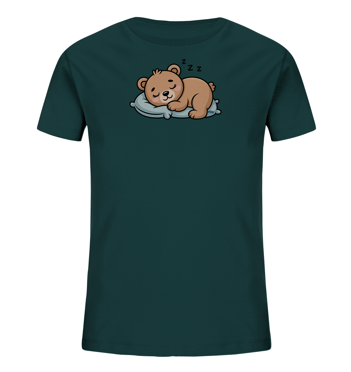 Onlineshop Shirts fuer Kinder - Das Bild zeigt ein dunkelgruenes Kinder-T-Shirt mit einem niedlichen Baerenmotiv auf der Vorderseite. Ein kleiner, brauner Cartoon-Baer schlaeft friedlich auf einem hellblauen Kissen, ueber ihm sind "Z Z Z"-Symbole zu sehen. Das Design wirkt beruhigend und verspielt, ideal fuer Kinder. Der einfarbige Hintergrund hebt das zentrale Motiv hervor.