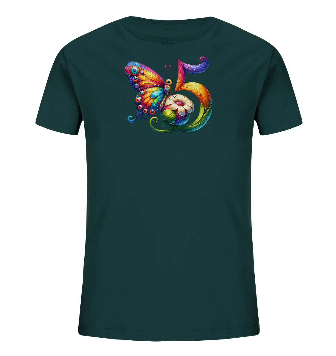 Onlineshop Shirts fuer Kinder - Das Bild zeigt ein dunkelgruenes Kinder-T-Shirt mit einem auffaelligen Grafikprint auf der Vorderseite. Das Motiv besteht aus einem grossen, detailreichen und bunten Schmetterling. Direkt daneben ist eine kuenstlerisch gestaltete Zahl '5' in leuchtenden Farben abgebildet. Unter dem Schmetterling und in die Zahl integriert befindet sich eine stilisierte Blume, die das froehliche Design ergaenzt.