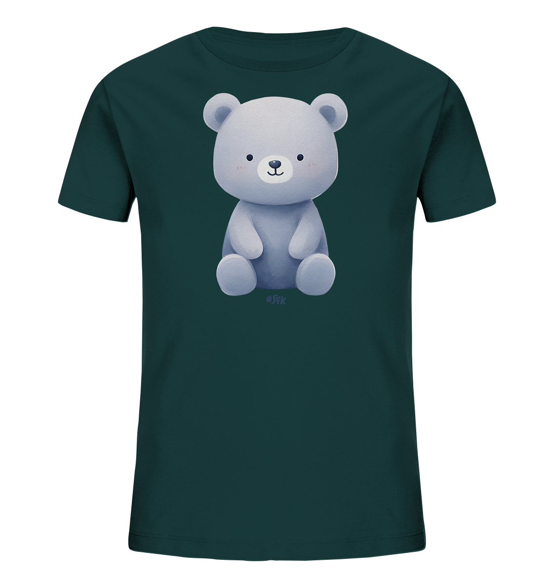 Onlineshop Shirts fuer Kinder - Das Bild zeigt ein dunkelgruenes Kinder-T-Shirt mit einer zentralen Illustration. Zu sehen ist ein sitzender Teddybaer in hellem Grau/Blau, der freundlich laechelt. Der Baer hat runde Ohren, eine kleine Nase und rosige Wangen. Das Design ist schlicht und kindgerecht gestaltet.