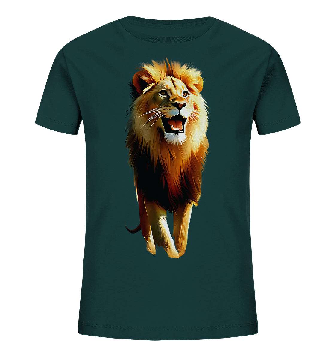Onlineshop Shirts fuer Kinder - Das Bild zeigt ein dunkelgruenes T-Shirt fuer Kinder mit einem beeindruckenden Loewenmotiv auf der Vorderseite. Der Loewe ist in einer dynamischen Pose dargestellt, mit offenem Maul und leuchtender Maehne. Die Illustration ist detailreich und faengt den majestaetischen Ausdruck des Tieres ein. Das Motiv verleiht dem Shirt eine kraftvolle Ausstrahlung.