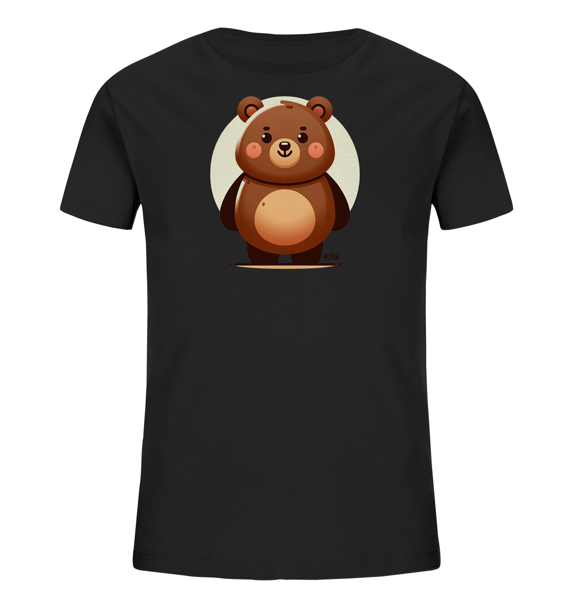 Onlineshop Shirts fuer Kinder - Das Bild zeigt ein schwarzes T-Shirt fuer Kinder. Auf der Vorderseite befindet sich eine niedliche, cartoonartige Illustration eines braunen Baeren. Der Baer steht vor einem hellen, kreisfoermigen Hintergrund und hat rosa Wangen und einen freundlichen Ausdruck. Dieses Design verleiht dem Shirt einen verspielten und ansprechenden Look, ideal fuer Kinder.