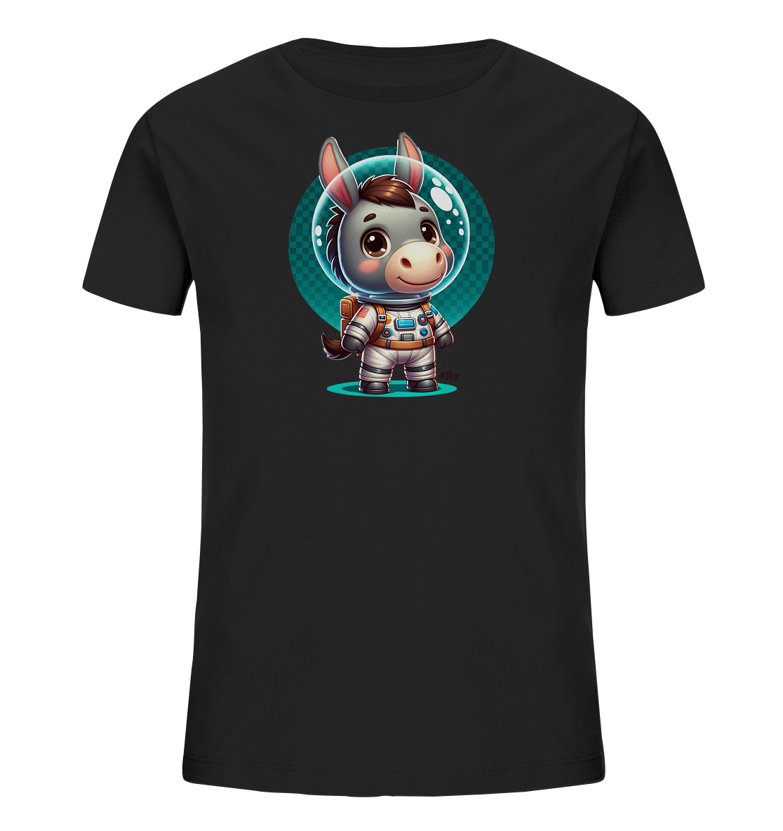 Onlineshop Shirts fuer Kinder - Dieses schwarze Kinder-T-Shirt zeigt eine bezaubernde Illustration eines cartoonhaften Esels in einem vollstaendigen Astronautenanzug. Der Esel traegt einen transparenten Helm und ist vor einem runden, gemusterten Hintergrund abgebildet. Das farbenfrohe Design ist detailliert und wirkt freundlich und abenteuerlustig.