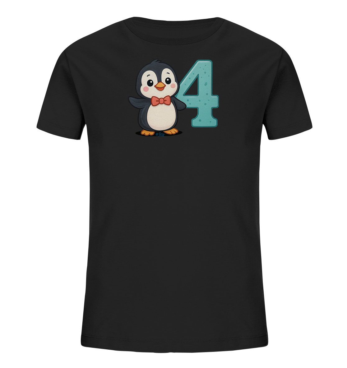 Onlineshop Shirts fuer Kinder - Das Bild zeigt ein schwarzes T-Shirt fuer Kinder mit einem niedlichen Cartoon-Pinguin-Motiv auf der Vorderseite. Der Pinguin traegt eine rote Fliege und steht neben der grossen Zahl '4', die in einem blauen Farbton mit Struktur dargestellt ist. Die Grafik wirkt freundlich und ist fuer Kinder ansprechend gestaltet. Das T-Shirt selbst hat einen klassischen Schnitt.