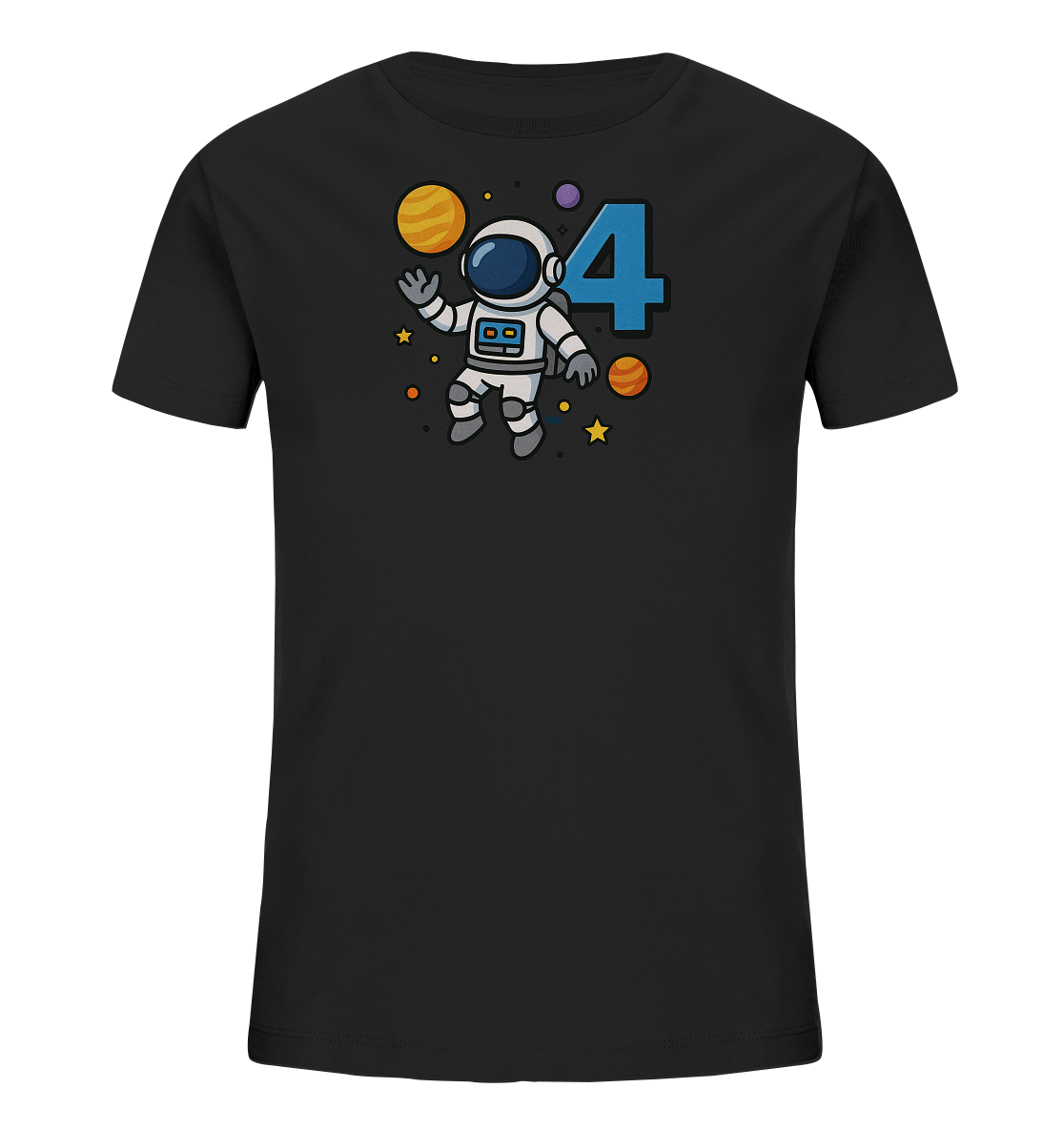 Onlineshop Shirts fuer Kinder - Das Bild zeigt ein schwarzes Kinder-T-Shirt mit einem farbenfrohen Weltall-Motiv. Ein freundlicher Cartoon-Astronaut schwebt zwischen Planeten und Sternen. Neben dem Astronauten ist prominent die grosse Zahl "4" in Blau abgebildet. Das Design wirkt verspielt und thematisiert den Weltraum.