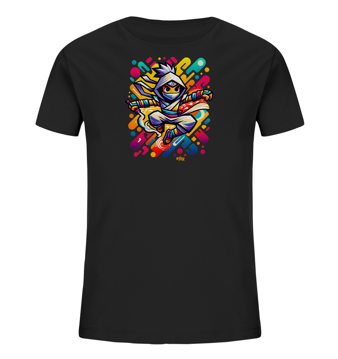 Onlineshop Shirts fuer Kinder - Das Bild zeigt ein schwarzes Kinder-T-Shirt mit einem auffaelligen Aufdruck. Dieser stellt eine stilisierte Cartoon-Figur im Ninja-Stil in einer dynamischen Haltung dar. Das Motiv ist von einem lebhaften, abstrakten Hintergrund aus bunten Formen und Linien umgeben, was einen energiegeladenen Look erzeugt. Das Design wirkt modern und farbenfroh.
