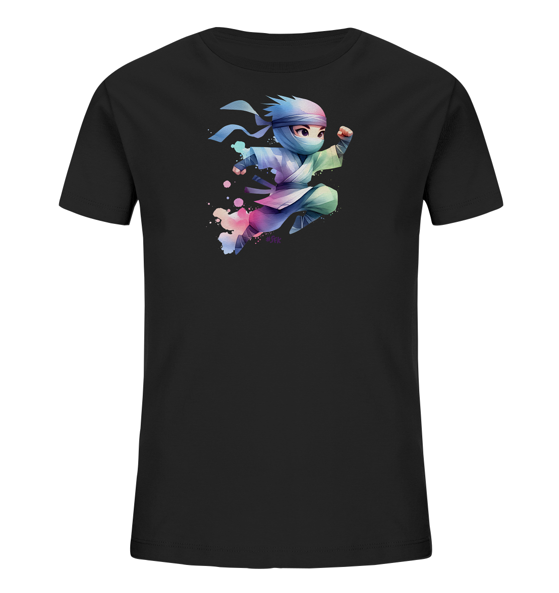 Onlineshop Shirts fuer Kinder - Dieses schwarze Kinder-T-Shirt zeigt eine bunte Illustration eines springenden Ninja-Charakters. Die Figur ist in Aktion dargestellt, umgeben von farbigen Farbklecksen. Das Outfit des Ninja ist in Pastelltoenen wie Blau, Gruen und Rosa gehalten. Das dynamische und farbenfrohe Design macht das Shirt zu einem Blickfang fuer Kinder.