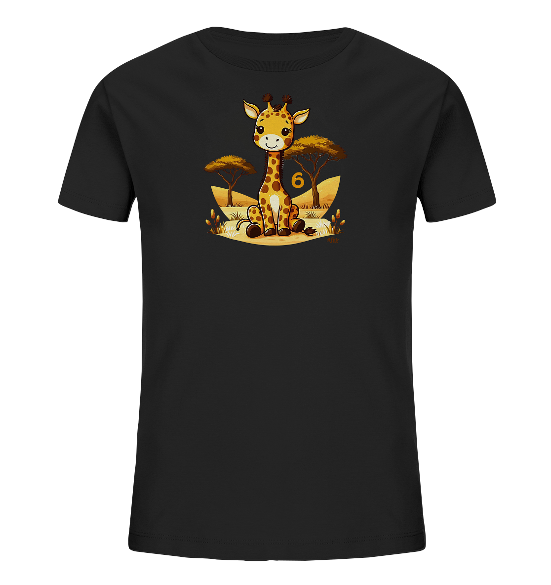 Onlineshop Shirts fuer Kinder - Dieses schwarze Kinder-T-Shirt zeigt eine niedliche Cartoon-Giraffe, die in einer Savannenlandschaft sitzt. Um die Giraffe herum sind stilisierte Baeume und Graeser dargestellt. Die Zahl '6' ist prominent neben der Giraffe platziert. Das froehliche Design ist detailreich und farbenfroh.