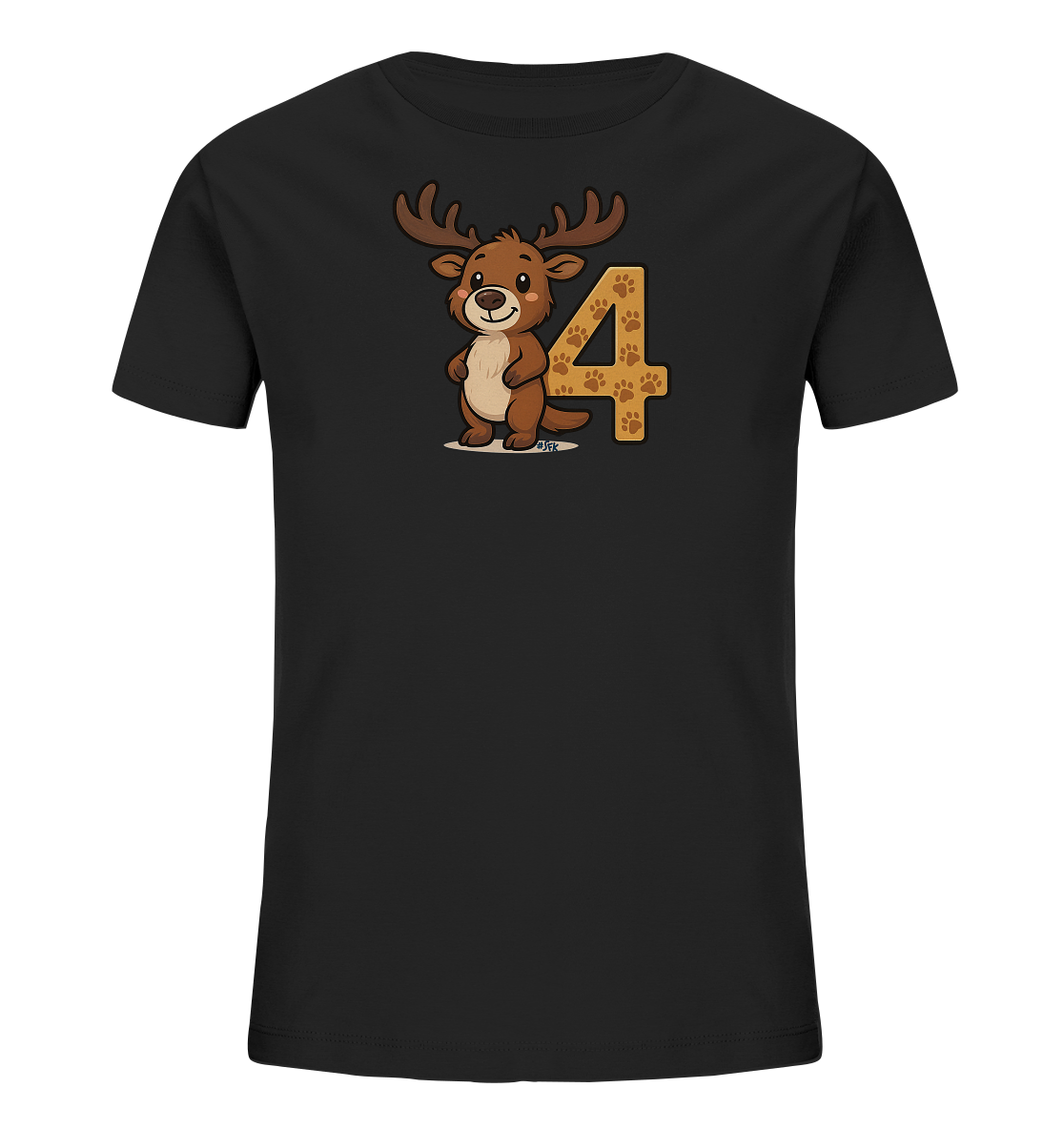 Onlineshop Shirts fuer Kinder - Das Bild zeigt ein schwarzes T-Shirt fuer Kinder mit einem niedlichen Motiv auf der Vorderseite. Es ist ein cartoonhaftes Rentier mit Geweih und freundlichem Gesicht dargestellt. Das Rentier steht neben einer grossen Zahl '4', die mit einem Muster aus braunen Pfotenabdruecken gefuellt ist. Das Design wirkt verspielt und ansprechend fuer Kinder.