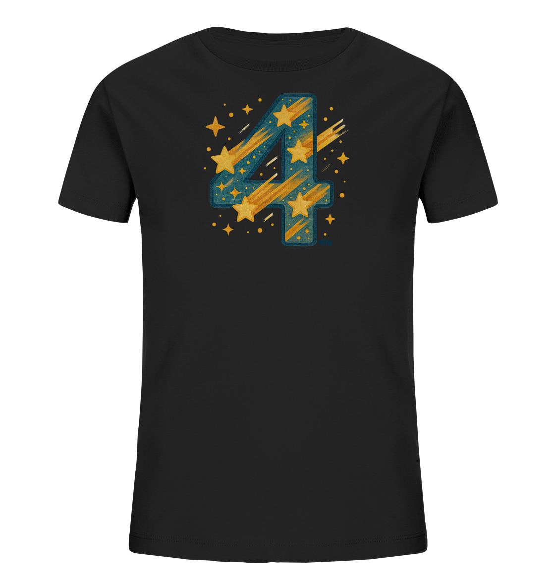 Onlineshop Shirts fuer Kinder - Das Bild zeigt ein schwarzes Kinder-T-Shirt. Auf der Vorderseite ist eine grosse, stilisierte Zahl '4' abgebildet. Die '4' ist in Blautoenen gehalten und mit zahlreichen goldenen Sternen und Sternschnuppen verziert. Dieses Design verleiht dem Shirt einen festlichen, himmlischen Look.