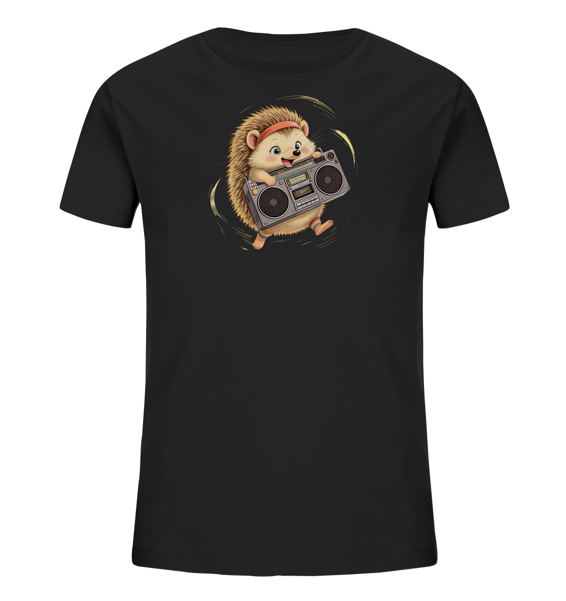 Onlineshop Shirts fuer Kinder - Das Bild zeigt ein schwarzes Kinder-T-Shirt mit einem niedlichen Cartoon-Igelmotiv auf der Vorderseite. Der Igel traegt ein rotes Stirnband und bunte Armbaender und haelt laechelnd eine Boombox. Um den Igel herum sind dynamische, goldene Linien angedeutet, die Bewegung und Musik symbolisieren. Das Design wirkt energiegeladen und froehlich.