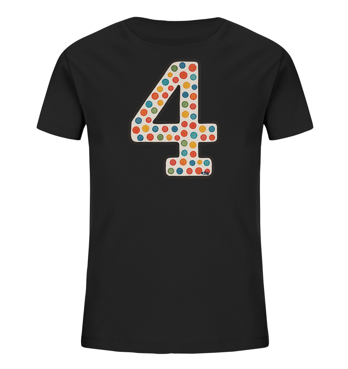 Onlineshop Shirts fuer Kinder - Das Bild zeigt ein schwarzes Kinder-T-Shirt mit einem grossflaechigen Aufdruck der Zahl 4 auf der Vorderseite. Die Zahl ist mit einem Muster aus unterschiedlich farbigen Punkten in Rot, Orange, Gelb, Gruen und Blau gefuellt. Das Design ist schlicht, aber farbenfroh und kindgerecht. Es ist ein klassisches Oberteil fuer den Alltag.