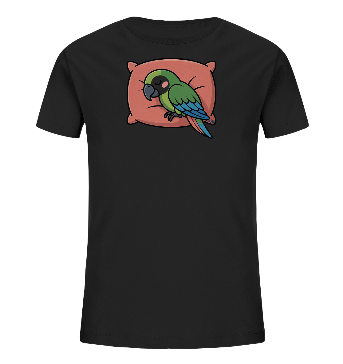 Onlineshop Shirts fuer Kinder - Das Bild zeigt ein schwarzes Kinder-T-Shirt mit einem niedlichen Aufdruck. Darauf ist ein gruener Papagei abgebildet, der mit geschlossenen Augen auf einem kissenartigen, orangefarbenen Untergrund schlaeft. Die Fluegel und der Schwanz des Papageis sind in verschiedenen Blautoenen gehalten, was einen farblichen Kontrast bildet. Das Design wirkt ruhig und liebenswert.