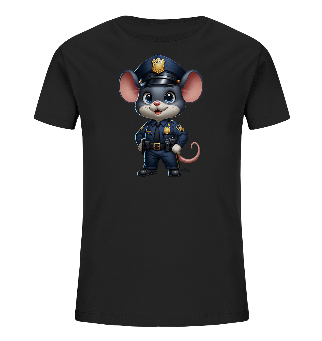 Onlineshop Shirts für Kinder - Das Bild zeigt ein schwarzes Kinder-T-Shirt mit einem aufgedruckten Motiv auf der Vorderseite. Das Motiv stellt eine cartoonhafte Maus dar, die eine vollständige dunkelblaue Polizeiuniform mit Mütze trägt. Die Maus blickt frontal, hat große Ohren und ein freundliches Lächeln, die Hände sind in den Hüften positioniert. Dieses Design verleiht dem T-Shirt einen spielerischen und heldenhaften Charakter, der Kinder ansprechen dürfte.