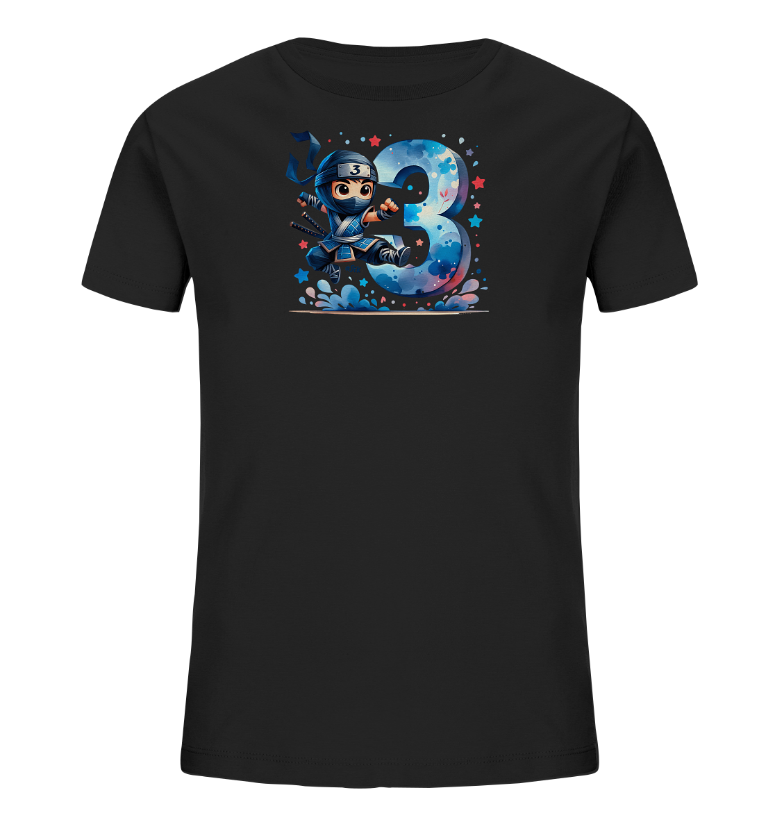 Onlineshop Shirts fuer Kinder - Das Bild zeigt ein schwarzes T-Shirt fuer Kinder. Auf der Vorderseite ist eine Illustration eines springenden Ninja-Charakters in blauer Kleidung zu sehen. Hinter dem Ninja ist eine grosse, kuenstlerisch gestaltete Zahl '3' mit farbigen Akzenten abgebildet. Sterne und kleine Elemente umrahmen das Motiv, was einen dynamischen und festlichen Eindruck vermittelt.
