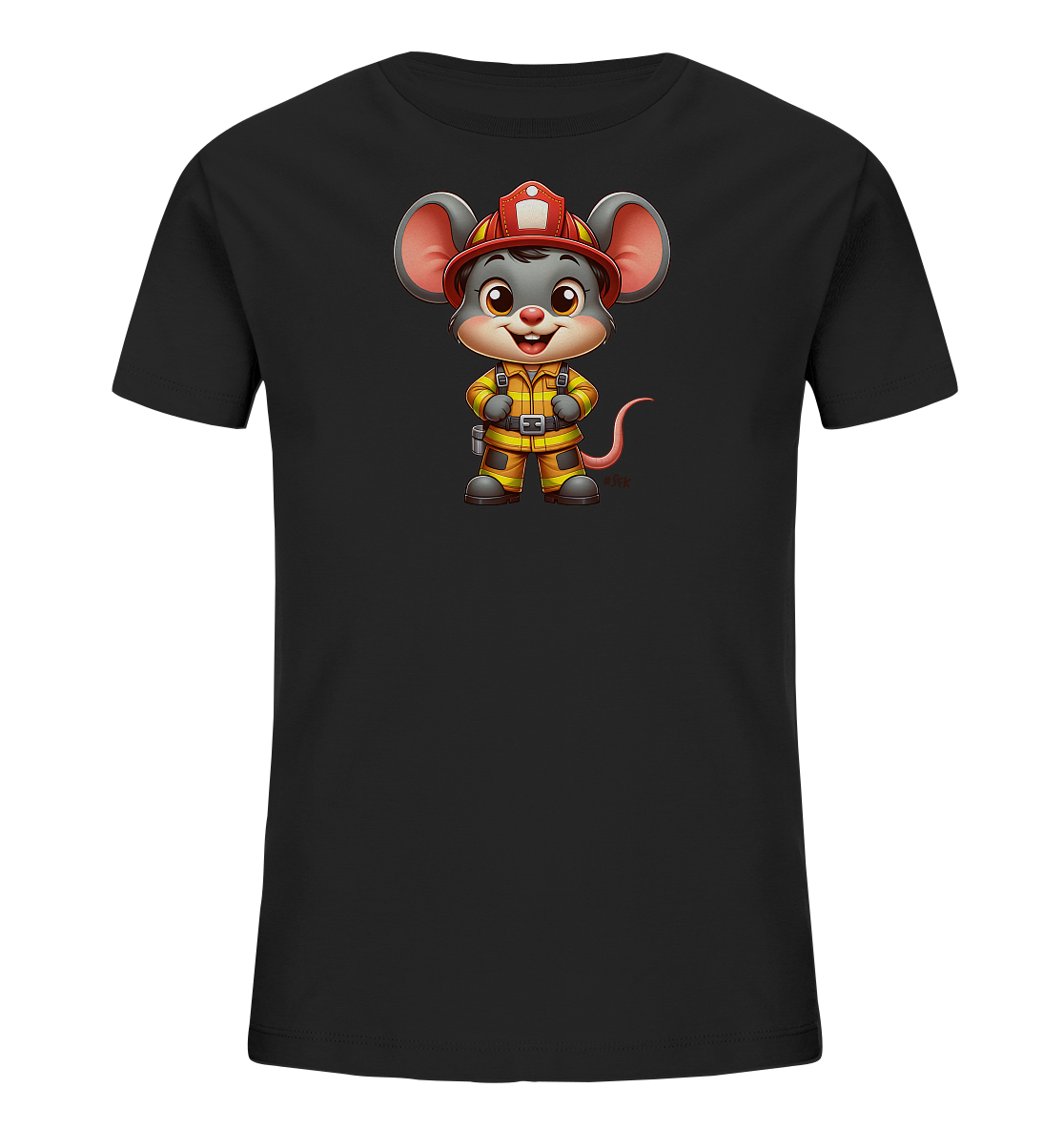 Onlineshop Shirts fuer Kinder - Das Bild zeigt ein schwarzes Kinder-T-Shirt mit einer detailreichen Illustration einer Maus. Die Maus ist als Feuerwehrmann gekleidet, traegt einen roten Helm und einen gelben Schutzanzug. Sie steht aufrecht und hat einen freundlichen Gesichtsausdruck. Das Motiv ist in einem ansprechenden Cartoon-Stil gehalten.
