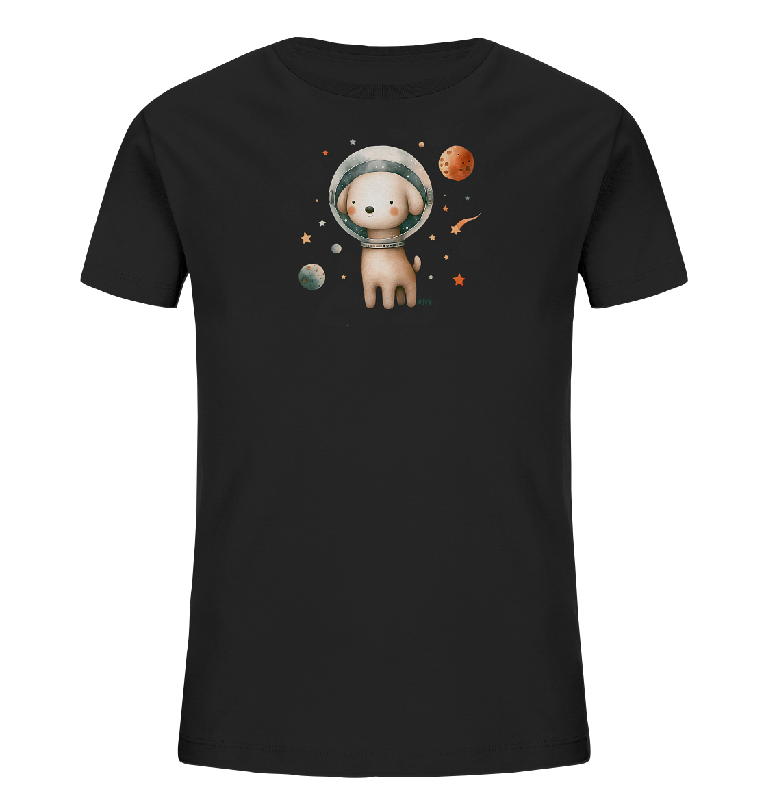 Onlineshop Shirts fuer Kinder - Das Bild zeigt ein schwarzes Kinder-T-Shirt mit einem einzigartigen Druck. Auf der Vorderseite ist eine niedliche Illustration eines Hundes in einem Astronautenhelm zu sehen. Er ist umgeben von verschiedenen Planeten, Sternen und Kometen. Das Motiv ist farbenfroh und detailreich auf dem dunklen Hintergrund dargestellt.