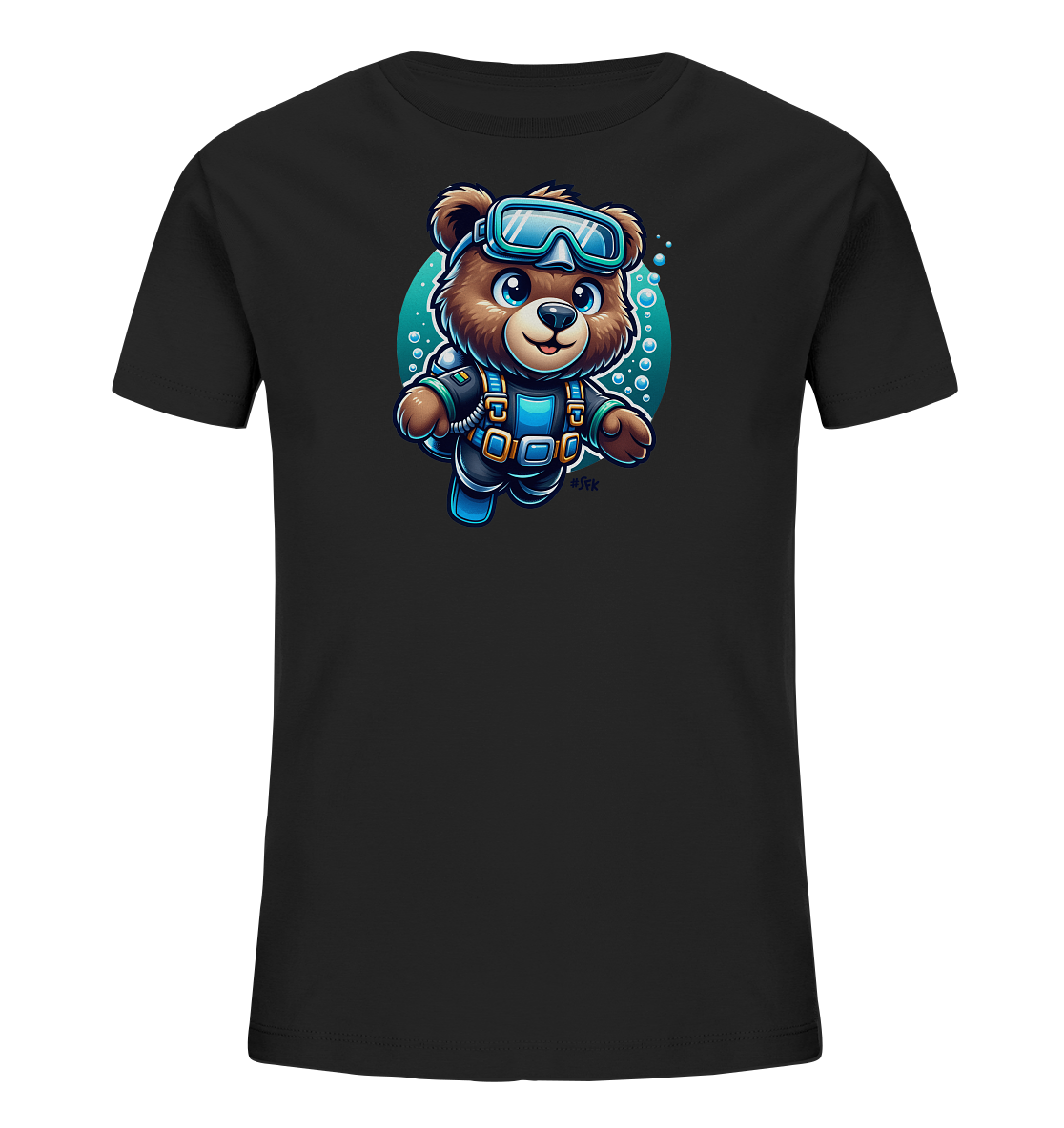 Onlineshop Shirts fuer Kinder - Dieses T-Shirt zeigt eine niedliche, cartoonartige Darstellung eines Baeren, der taucht. Der Baer traegt eine Tauchermaske und eine komplette Tauchausruestung in den Farben Blau und Schwarz. Er schwimmt froehlich inmitten von Luftblasen vor einem blauen Hintergrundkreis. Das Motiv ist farbenfroh und detailreich gestaltet.