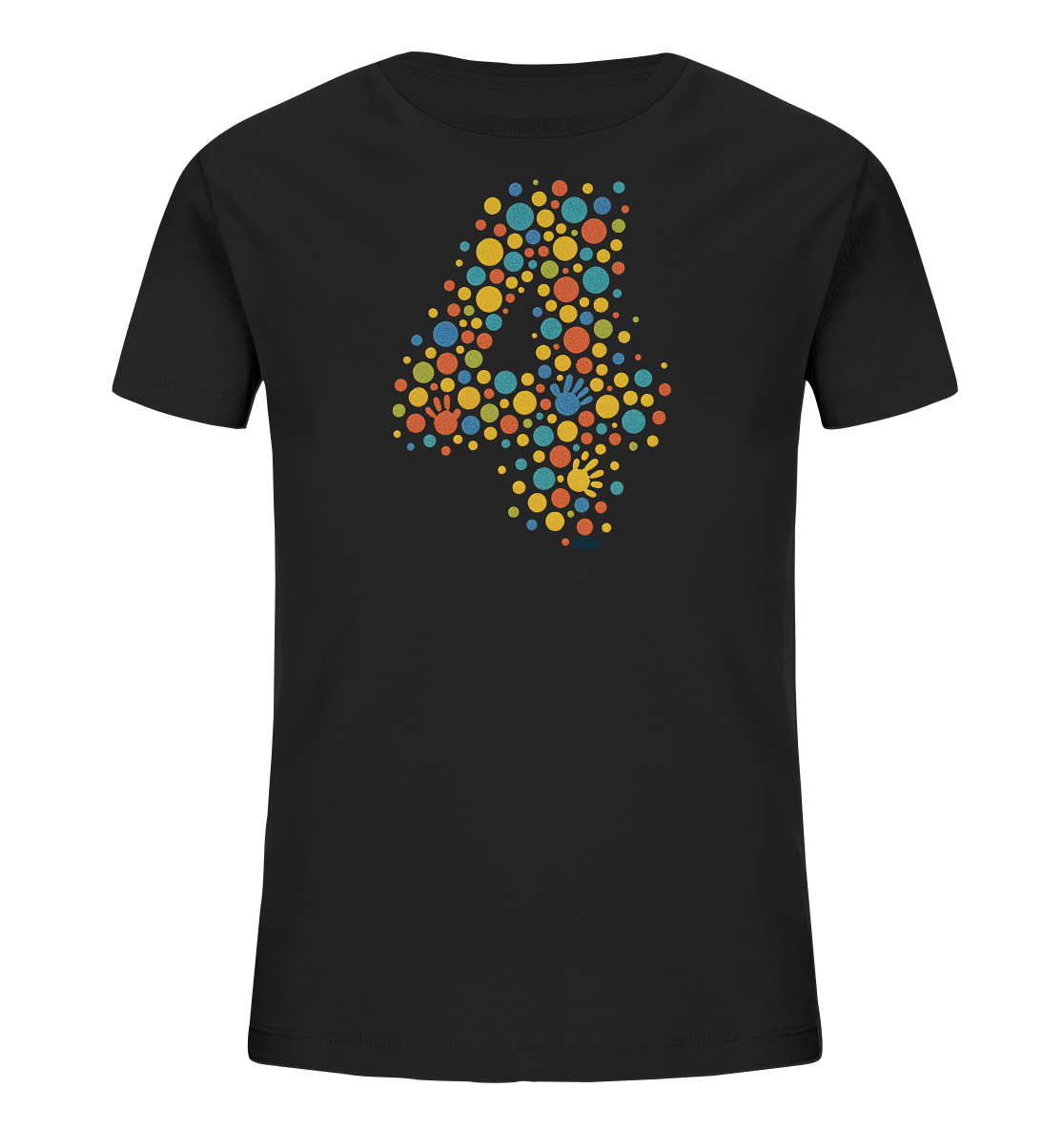 Onlineshop Shirts fuer Kinder - Das Bild zeigt ein schwarzes T-Shirt fuer Kinder mit einem grossen, stilisierten Motiv der Zahl Vier auf der Vorderseite. Das Design der '4' besteht aus vielen unterschiedlich grossen Punkten und kleinen Handabdruecken. Die Punkte und Handabdruecke sind in verschiedenen leuchtenden Farben wie Gelb, Rot, Blau und Gruen gehalten. Das Muster verleiht dem Shirt ein froehliches und dynamisches Aussehen.