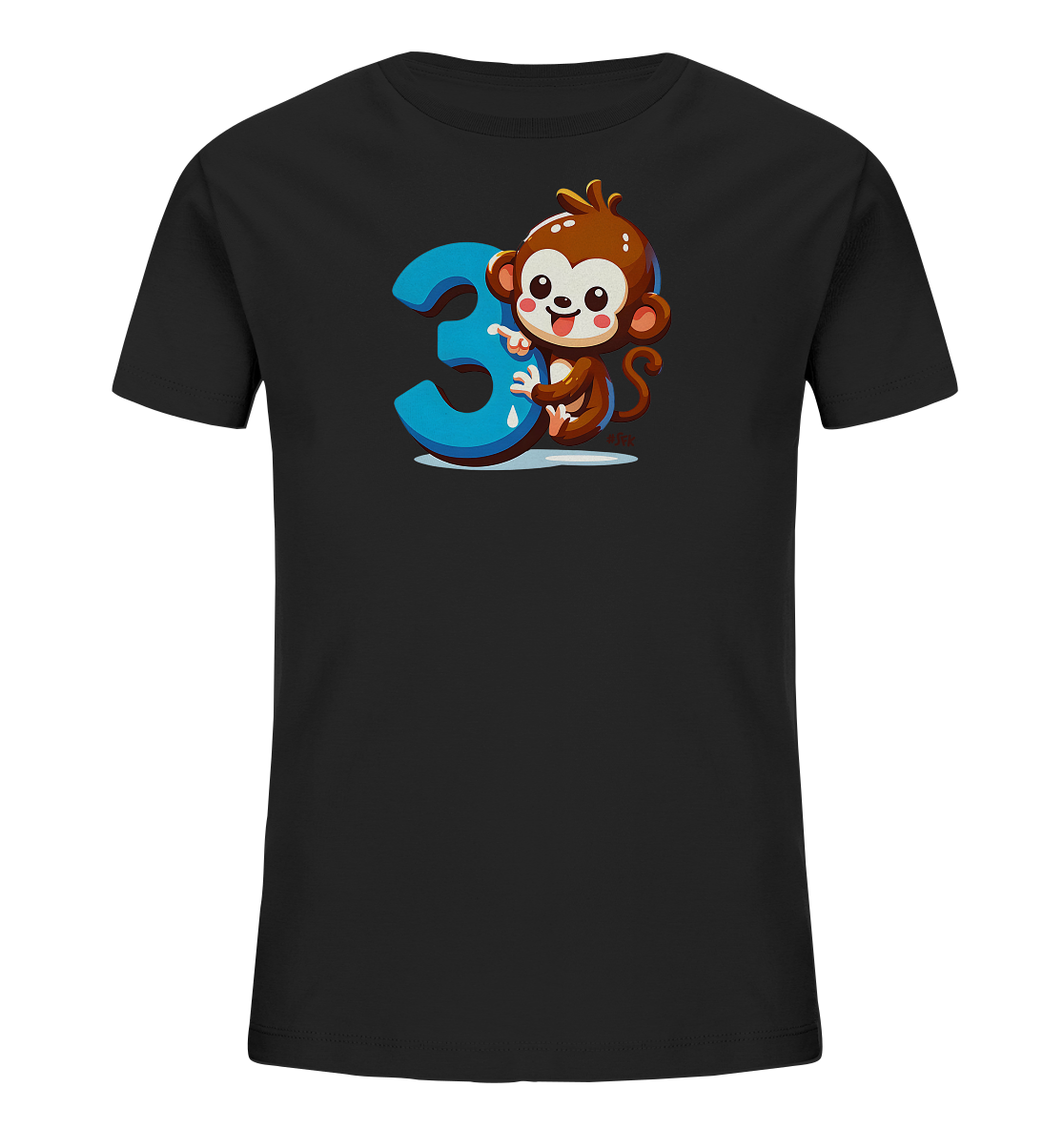 Onlineshop Shirts fuer Kinder - Das Bild zeigt ein schwarzes Kinder-T-Shirt mit einem lustigen Motiv. Ein brauner Cartoon-Affe sitzt neben der grossen, blauen Zahl '3'. Der Affe lacht und zeigt auf die Zahl, was dem Design einen verspielten Charakter verleiht. Das Motiv ist zentral auf der Vorderseite des Shirts platziert.