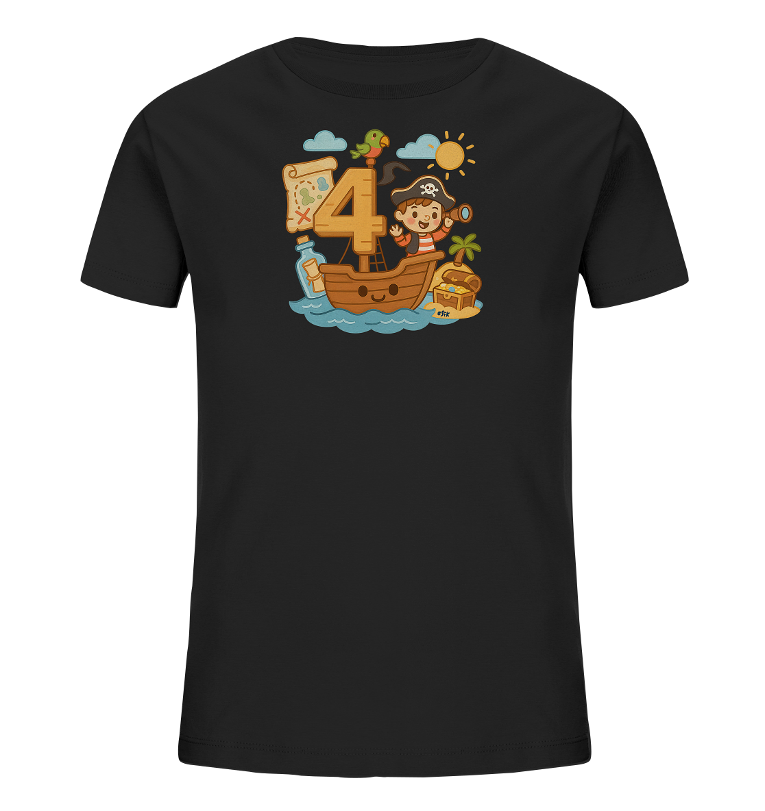 Onlineshop Shirts fuer Kinder - Das Bild zeigt ein schwarzes Kinder-T-Shirt mit einem farbenfrohen Piratenmotiv. Im Zentrum der Grafik steht die grosse Zahl '4', auf der ein gruener Papagei sitzt. Ein Piratenkind faehrt in einem kleinen Boot ueber blaue Wellen und haelt ein Fernrohr. Das Design umfasst auch eine Schatzkarte, eine Flasche, eine Schatztruhe auf einer Insel und eine Sonne, was eine froehliche Abenteuerwelt darstellt.