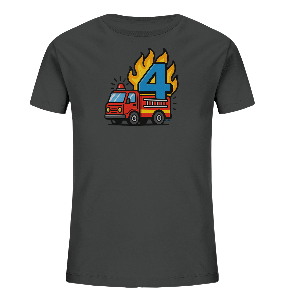 Onlineshop Shirts fuer Kinder - Das Bild zeigt ein dunkelgraues Kinder-T-Shirt mit einem lebendigen Aufdruck. Im Zentrum des Designs steht ein rotes Feuerwehrauto mit blauer Sirene. Über dem Fahrzeug lodern stilisierte gelbe und orangefarbene Flammen, die die grosse, blaue Zahl Vier umgeben. Dieses Motiv ist spielerisch und farbenfroh gestaltet.