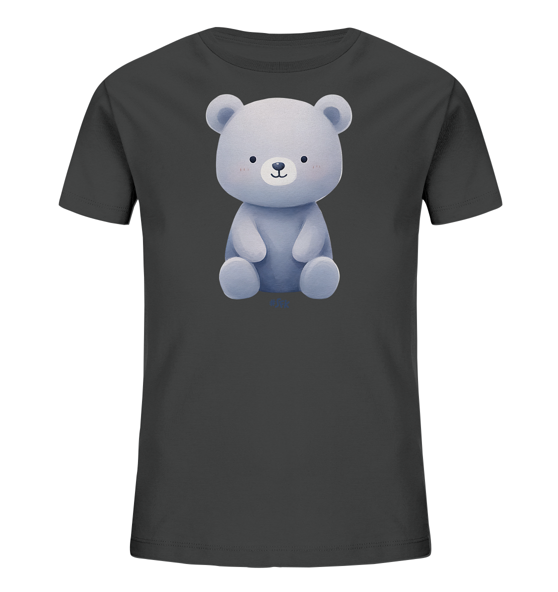 Onlineshop Shirts fuer Kinder - Das Bild zeigt ein dunkelgraues Kinder-T-Shirt mit einer Illustration eines sitzenden Baeren auf der Vorderseite. Der Baer ist in einem sanften Grau-Blau gehalten und hat ein freundliches, minimalistisches Gesicht mit kleinen Augen und Mund. Er sitzt aufrecht mit runden Ohren. Das Design wirkt schlicht und niedlich.