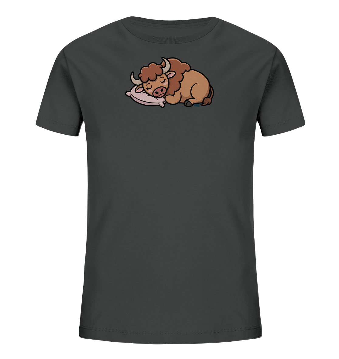 Onlineshop Shirts fuer Kinder - Das Bild zeigt ein dunkelgraues Kinder-T-Shirt. Auf der Vorderseite befindet sich eine niedliche Cartoon-Illustration eines schlafenden Bisonkalbes. Das braune Kalb liegt gemuetlich auf einem hellrosa Kissen, die Augen sind geschlossen. Das Design wirkt verspielt und friedlich.