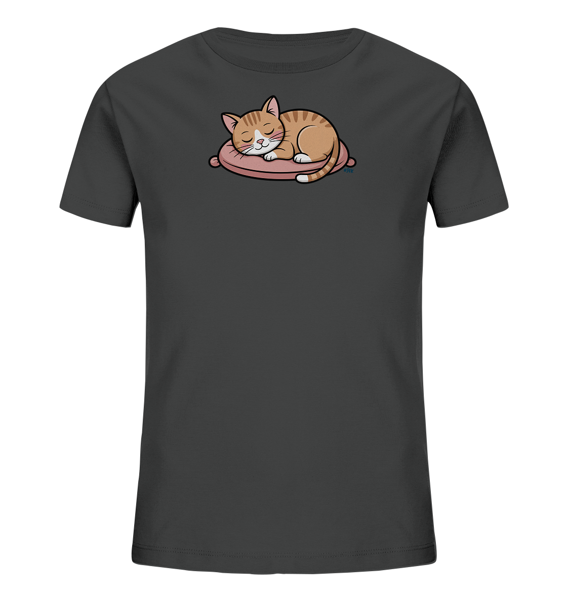 Onlineshop Shirts fuer Kinder - Das Bild zeigt ein dunkelgraues Kinder-T-Shirt mit einem niedlichen Aufdruck. Darauf ist eine schlafende, orange-braune Katze abgebildet, die auf einem rosafarbenen Kissen ruht. Die Katze hat geschlossene Augen und wirkt sehr friedlich. Dieses Design verleiht dem T-Shirt einen ruhigen und verspielten Charakter.