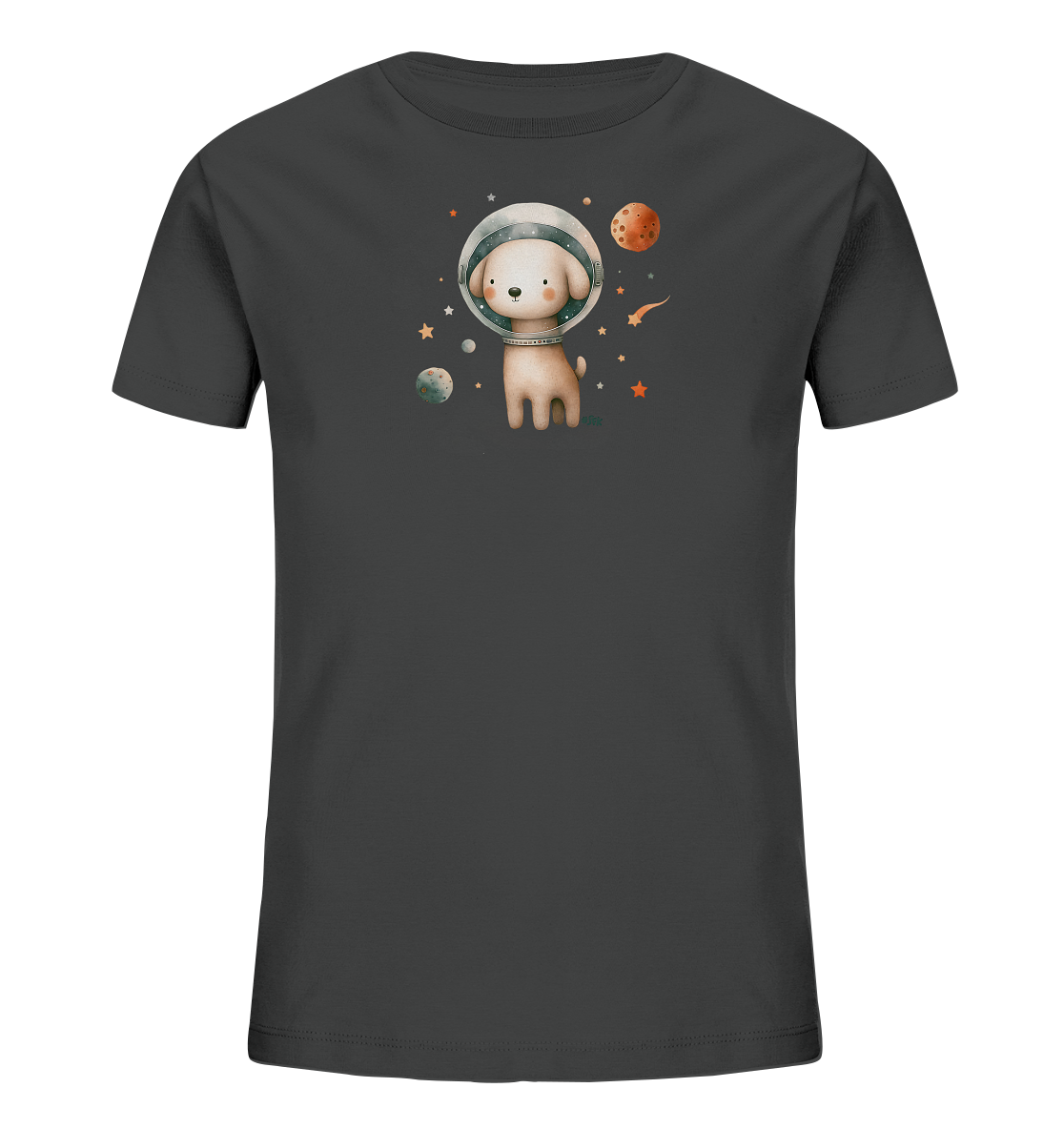 Onlineshop Shirts fuer Kinder - Das Bild zeigt ein dunkelgraues T-Shirt mit einem farbenfrohen Aufdruck eines Hundes im Weltall. Der Hund traegt einen Astronautenhelm und ist von verschiedenen Planeten, Sternen und einer Sternschnuppe umgeben. Das niedliche Motiv ist zentral auf der Vorderseite platziert und spricht kleine Weltraumfans an.