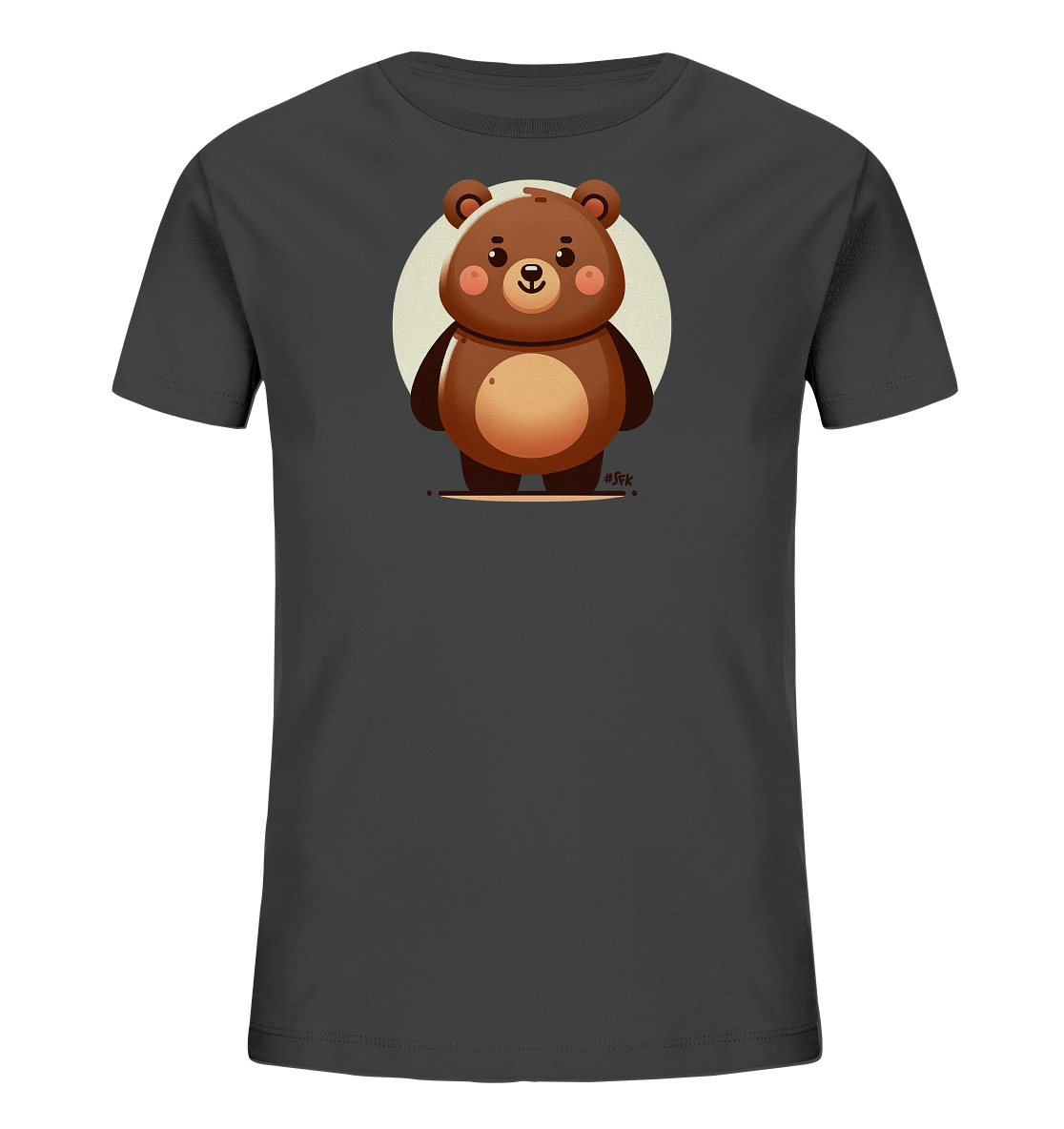 Onlineshop Shirts fuer Kinder - Das Bild zeigt ein dunkelgraues T-Shirt fuer Kinder. Auf der Vorderseite ist die Illustration eines niedlichen braunen Cartoon-Baeren abgebildet. Der Baer steht vor einem hellen Kreis und hat ein freundliches Gesicht mit rosa Wangen.