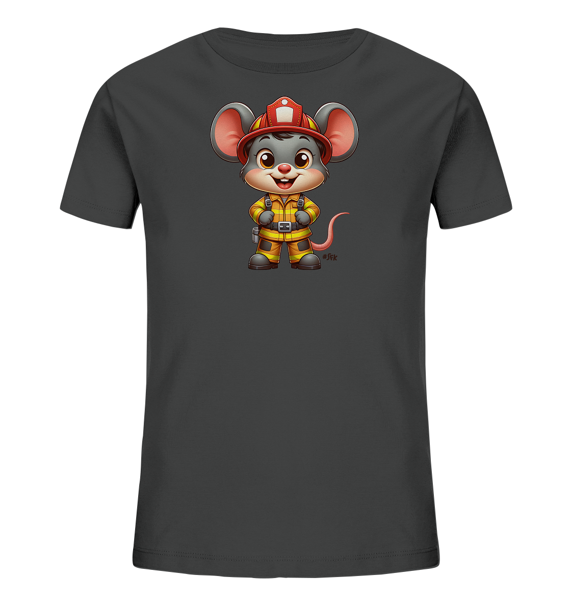 Onlineshop Shirts fuer Kinder - Das Bild zeigt ein dunkelgraues T-Shirt fuer Kinder. Auf der Vorderseite ist eine niedliche Cartoon-Maus abgebildet, die als Feuerwehrmann gekleidet ist. Die Maus traegt einen roten Helm und einen gelb-orangen Feuerwehranzug. Die Illustration ist detailreich und hat einen froehlichen Ausdruck.