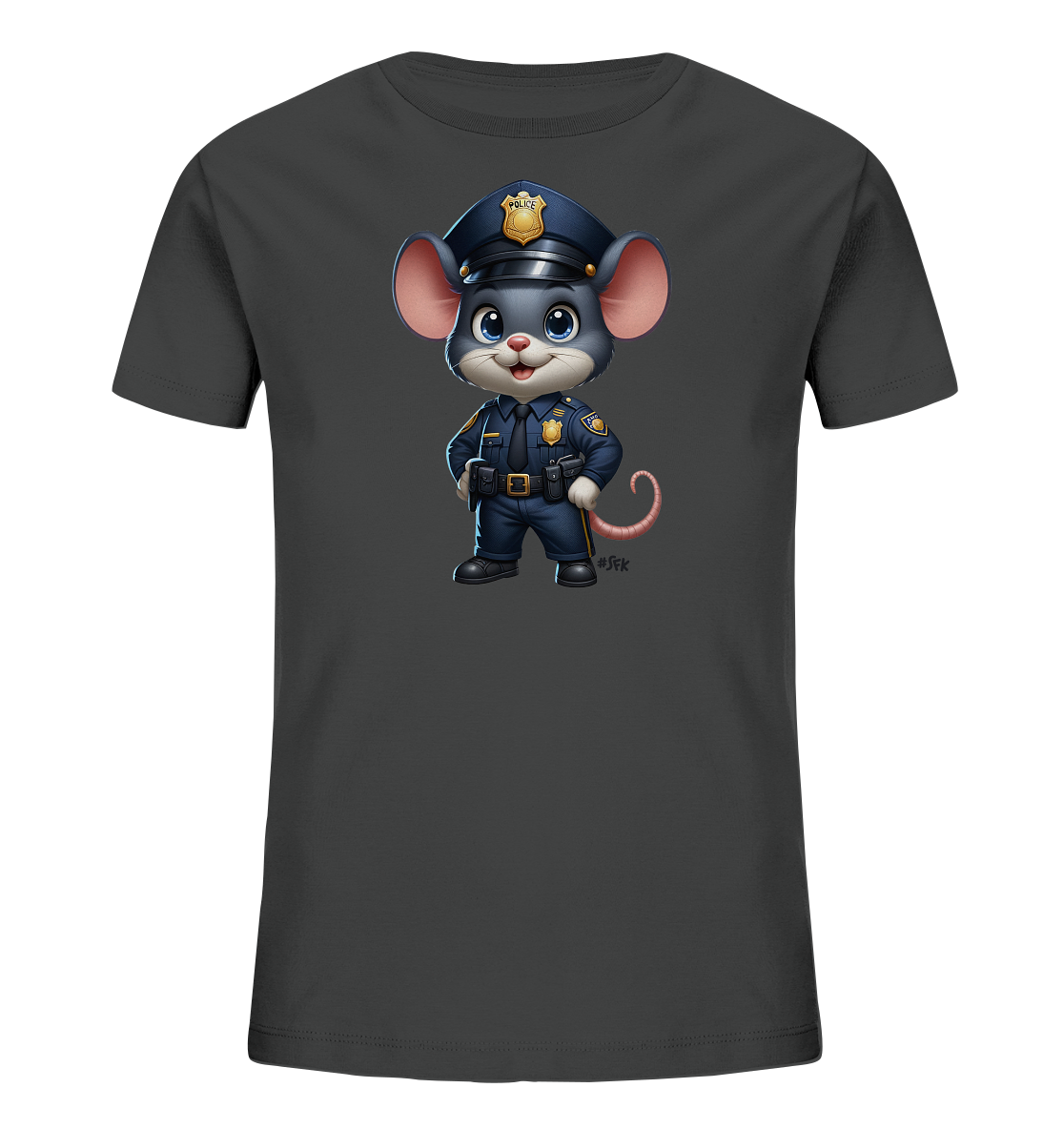 Onlineshop Shirts für Kinder - Das Bild zeigt ein dunkelgraues T-Shirt für Kinder. Auf der Vorderseite ist eine niedliche, cartoonartige Maus in einer Polizeiuniform abgebildet. Die Maus trägt eine blaue Uniform mit Gürtel, Abzeichen und eine passende Mütze mit der Aufschrift 'POLICE'. Das Design ist detailliert und verspielt, ideal für Kinder, die Polizei mögen.