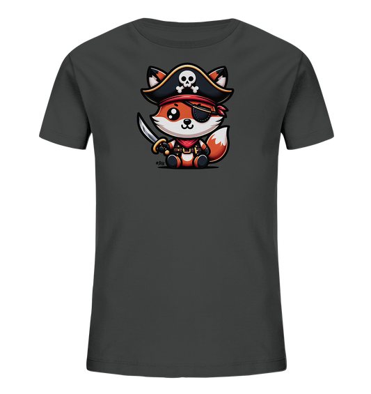 Onlineshop Shirts fuer Kinder - Das Bild zeigt ein dunkelgraues Kinder T-Shirt. Auf der Vorderseite ist eine niedliche, cartoonartige Darstellung eines sitzenden Fuchses zu sehen. Der Fuchs traegt ein Piratenkostuem komplett mit Hut, Augenklappe, Halstuch und haelt ein kleines Schwert. Das Design ist farbenfroh und verspielt, ideal fuer junge Abenteurer.