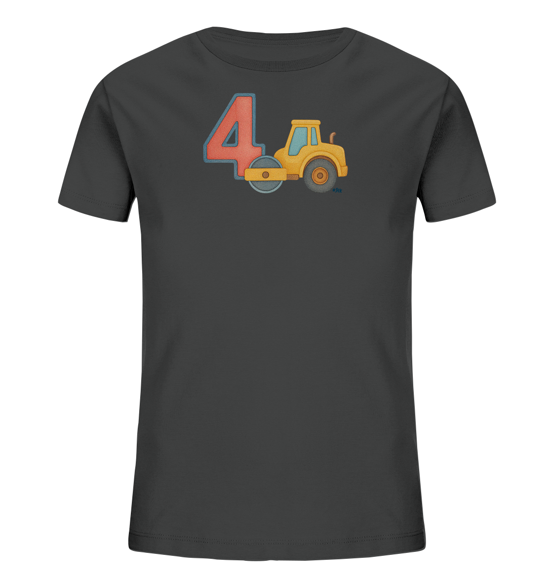 Onlineshop Shirts fuer Kinder - Das Bild zeigt ein dunkelgraues T-Shirt fuer Kinder. Auf der Vorderseite ist eine grosse, rote Zahl '4' mit blauem Rand abgebildet. Direkt daneben befindet sich die Illustration einer gelben, cartoonhaften Strassenwalze. Das Design ist verspielt und auf das Thema Baustelle oder Fahrzeuge ausgerichtet.
