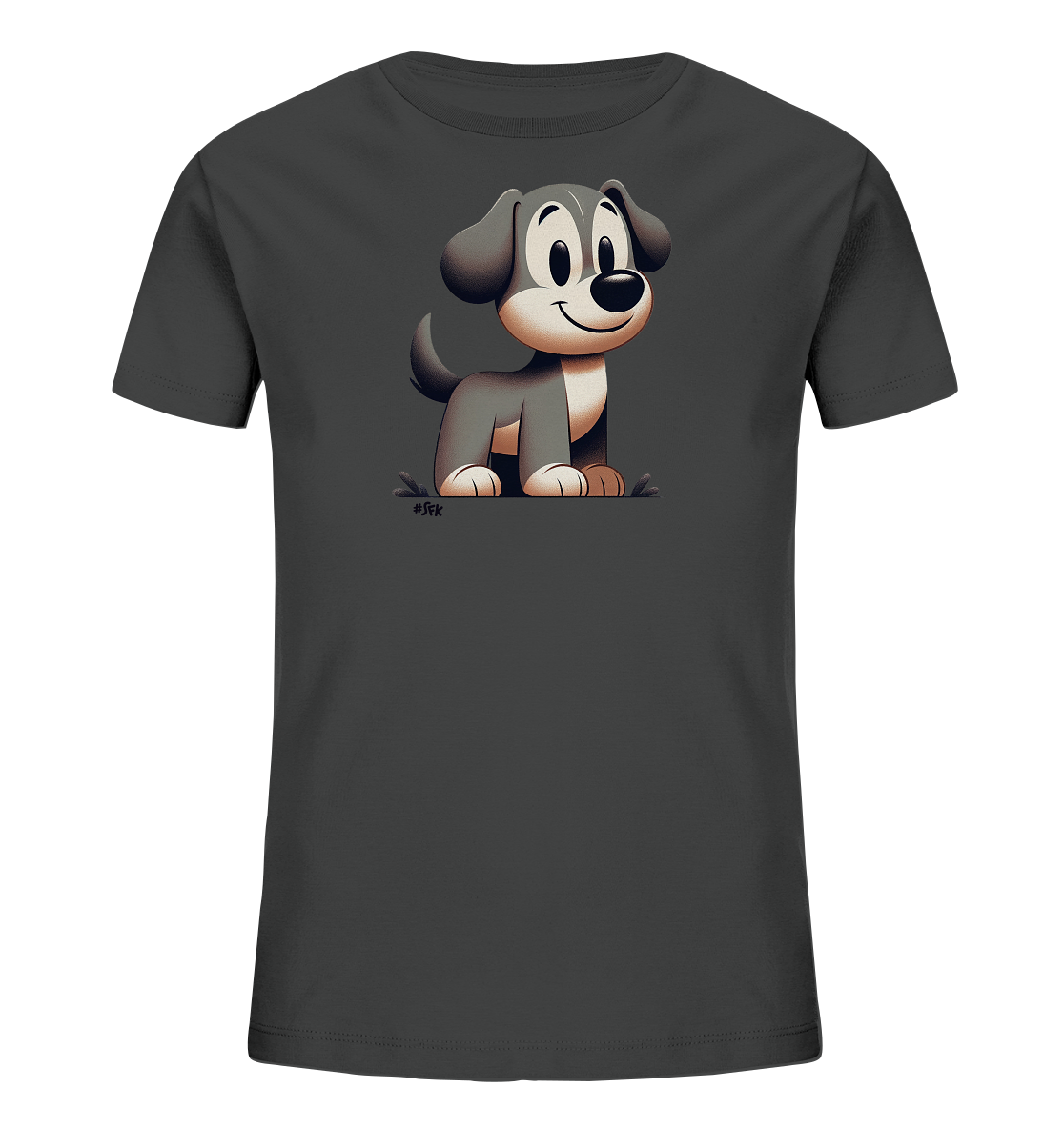 Onlineshop Shirts fuer Kinder - Das Bild zeigt ein dunkelgraues Kinder-T-Shirt. Auf der Vorderseite ist eine suesse Cartoon-Illustration eines Hundes abgebildet. Der Hund hat graues und weisses Fell, grosse Augen und ein freundliches Laecheln. Das Design ist verspielt und ansprechend fuer Kinder.