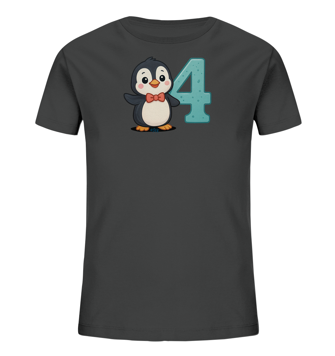 Onlineshop Shirts fuer Kinder - Das Bild zeigt ein dunkelgraues Kinder-T-Shirt mit einem suessen Cartoon-Pinguin auf der Vorderseite. Der Pinguin traegt eine rote Fliege und steht neben der Zahl '4', die in einem hellen Blauton mit Struktur gestaltet ist. Das Design ist froehlich und verspielt, ideal fuer junge Kinder.