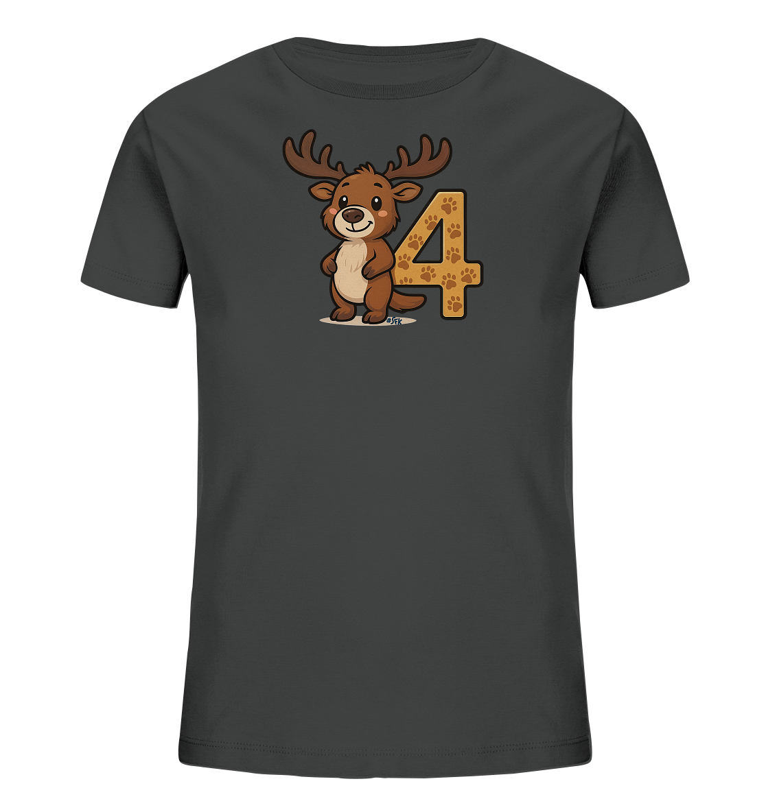 Onlineshop Shirts fuer Kinder - Das Bild zeigt ein dunkles Kinder-T-Shirt mit einem niedlichen Cartoon-Rentier auf der Vorderseite. Das Rentier steht neben der grossen Zahl '4', die mit kleinen Pfotenabdruecken gefuellt ist. Die Illustration ist farbenfroh und kindgerecht gestaltet. Dieses Design eignet sich gut fuer kleine Tierfreunde.