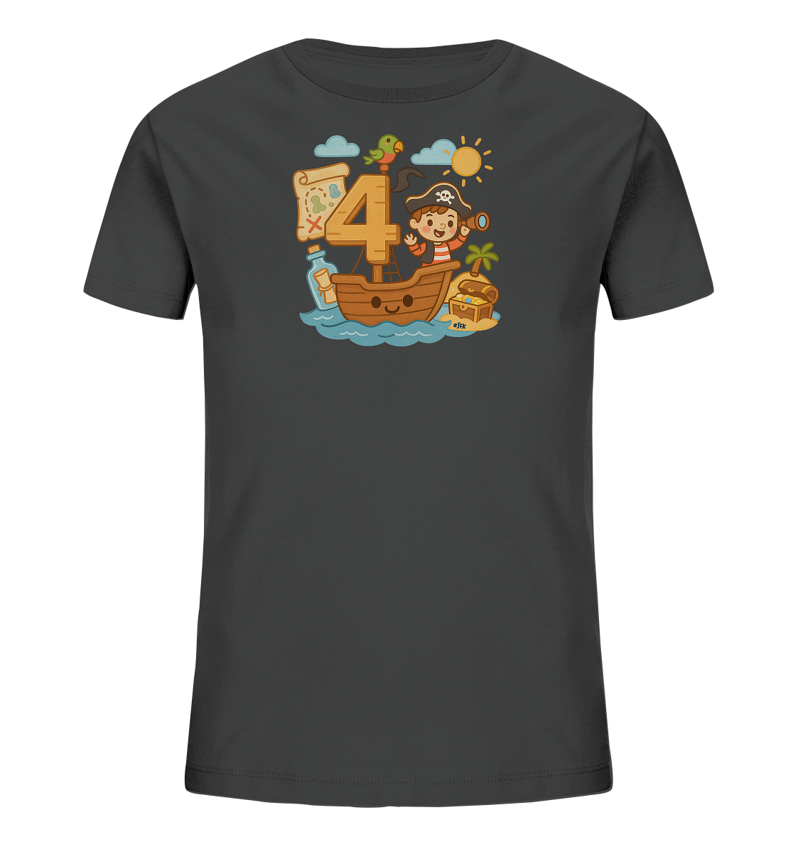 Onlineshop Shirts fuer Kinder - Dieses dunkelgraue T-Shirt fuer Kinder zeigt eine bunte Illustration im Piraten-Look. Im Zentrum steht eine grosse, gelbe Zahl 4, umgeben von einem Piratenkind auf einem Schiff, einer Schatzkarte und einem Papagei. Eine kleine Insel mit einer Schatztruhe und eine Flaschenpost ergaenzen das detailreiche und froehliche Design. Das Motiv ist perfekt fuer kleine Abenteurer und Geburtstage.
