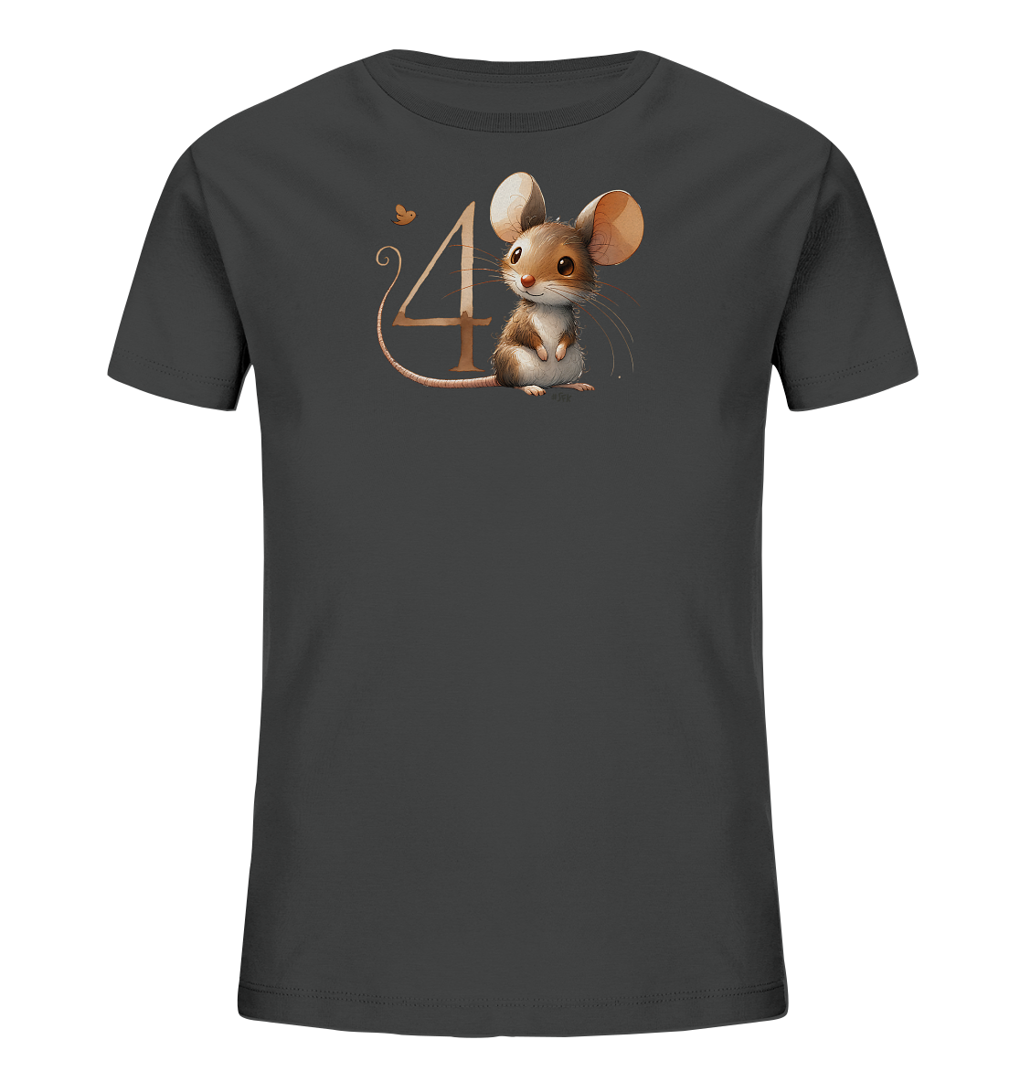 Onlineshop Shirts fuer Kinder - Das Bild zeigt ein dunkelgraues T-Shirt mit einem charmanten Motiv fuer Kinder. Auf der Vorderseite ist eine niedliche, cartoonhafte Maus in braun-weissen Toenen abgebildet. Neben der Maus prangt die grosse, stilisierte Zahl '4' in einem goldenen Farbton, deren Schweif sich kunstvoll windet. Ein kleiner Schmetterling ergaenzt das verspielte Design.