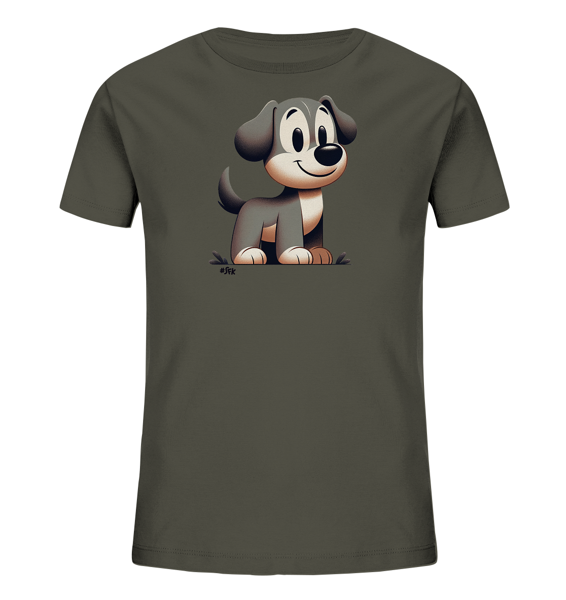Onlineshop Shirts fuer Kinder - Das Bild zeigt ein dunkelgraues Kinder-T-Shirt mit einem Comic-Motiv auf der Vorderseite. Darauf ist ein sitzender, freundlich blickender Welpe mit grossen Augen und Schlappohren abgebildet. Der Hund hat graues Fell mit helleren Akzenten und sitzt auf einer angedeuteten gruenen Flaeche. Das Design wirkt verspielt und kinderfreundlich.