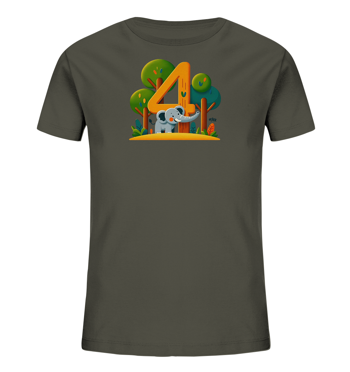 Onlineshop Shirts fuer Kinder - Das Bild zeigt ein dunkelgraues Kinder-T-Shirt mit einem lebhaften Motiv auf der Vorderseite. Eine grosse orangefarbene Zahl '4' wird von einem suessen grauen Elefanten begleitet. Dahinter sind stilisierte Baeume und Pflanzen in gruenen und blauen Toenen dargestellt, die auf einem sandfarbenen Untergrund stehen. Das Design wirkt verspielt und farbenfroh, ideal fuer Kinder.