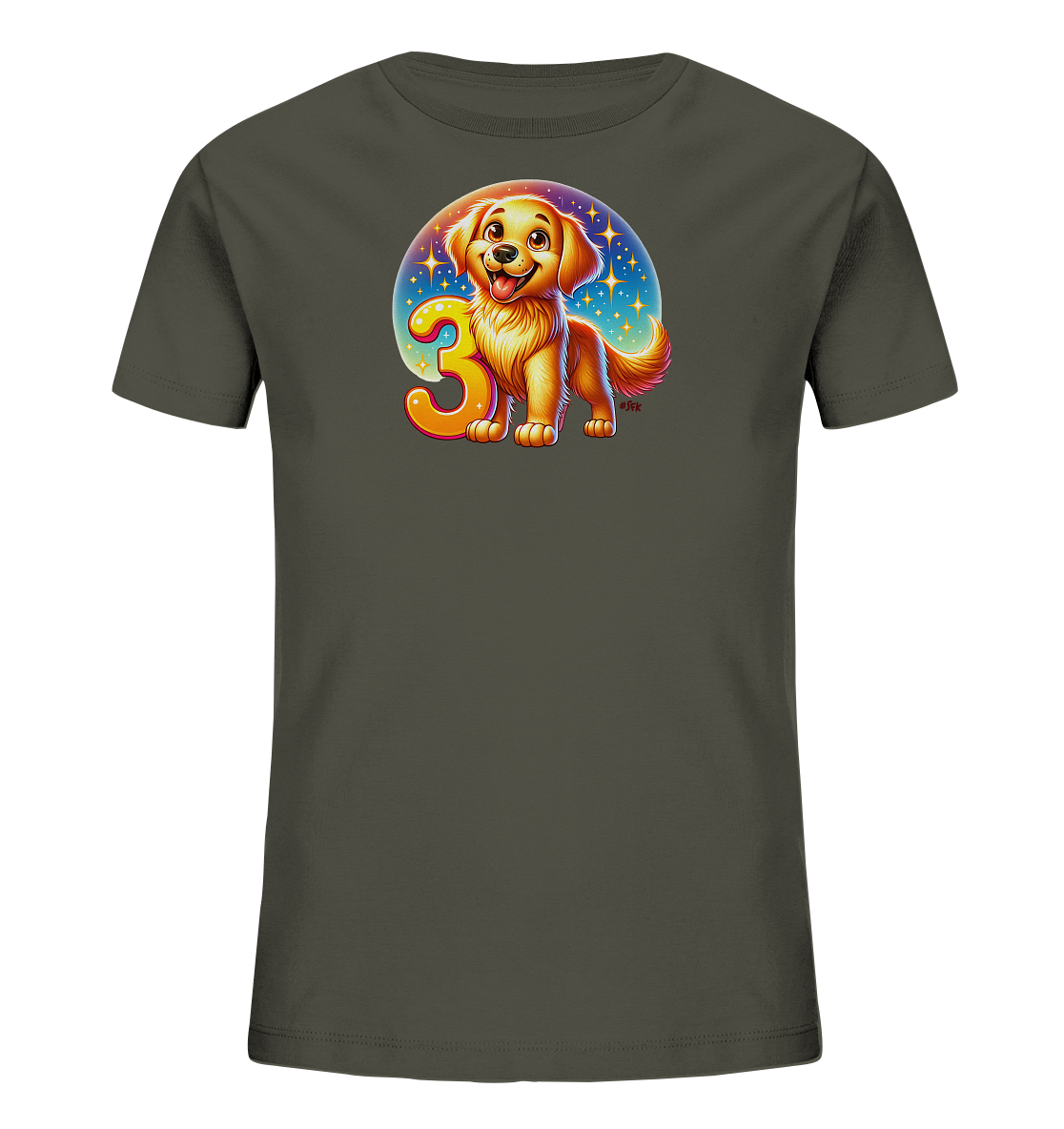 Onlineshop Shirts fuer Kinder - Das Bild zeigt ein dunkelgraues Kinder-T-Shirt mit einem farbenfrohen Aufdruck. Der Aufdruck stellt einen niedlichen, cartoonhaften Golden Retriever Hund dar, der neben der Zahl '3' sitzt. Die Grafik hat einen runden Hintergrund mit funkelnden Sternen in Blau- und Orangetoenen. Der Hund laechelt froehlich und die Zahl ist in einem leuchtenden Orange gestaltet.