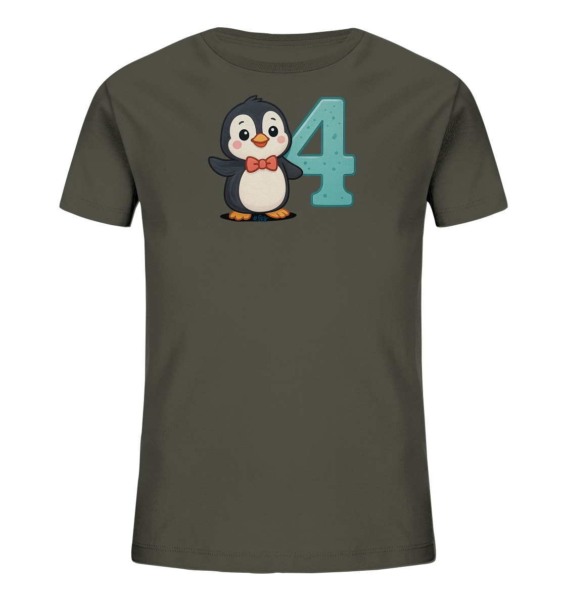 Onlineshop Shirts fuer Kinder - Das Bild zeigt ein dunkles Kinder-T-Shirt mit einem niedlichen Pinguinmotiv auf der Vorderseite. Der freundliche Pinguin traegt eine rote Fliege und steht neben einer grossen, hellblauen Zahl '4'. Das Design ist farbenfroh und ansprechend fuer Kinder.