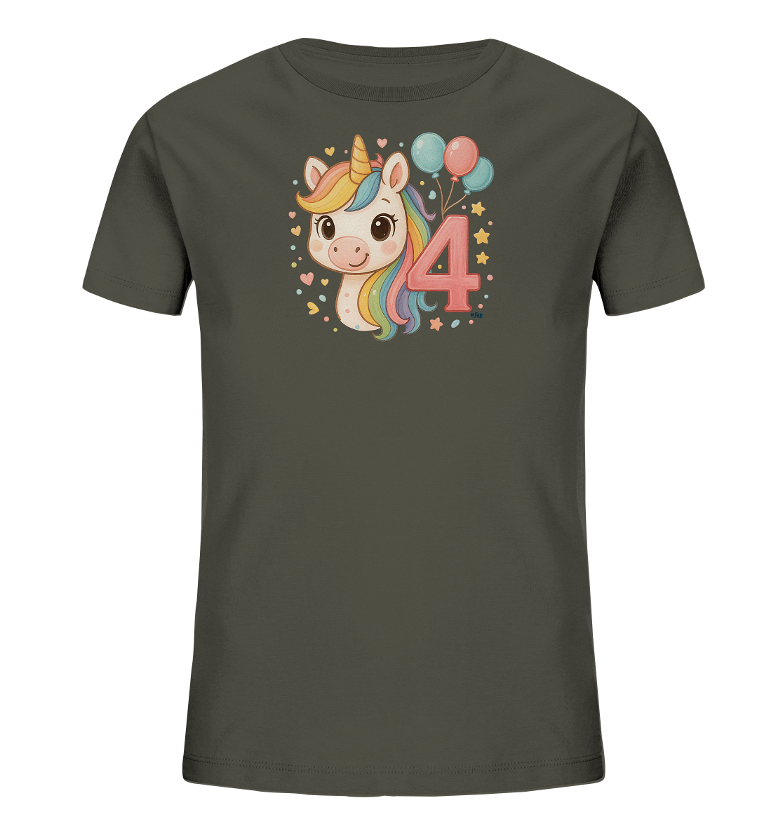 Onlineshop Shirts fuer Kinder - Das Bild zeigt ein dunkelgraues T-Shirt fuer Kinder mit einem bunten Aufdruck auf der Vorderseite. Der Aufdruck zeigt den Kopf eines niedlichen Einhorns mit Regenbogenmaehne und einem goldenen Horn. Neben dem Einhorn ist die grosse Zahl '4' in Rosa abgebildet, begleitet von blauen und rosafarbenen Luftballons. Sterne und Herzen in verschiedenen Farben umrahmen das froehliche Motiv.