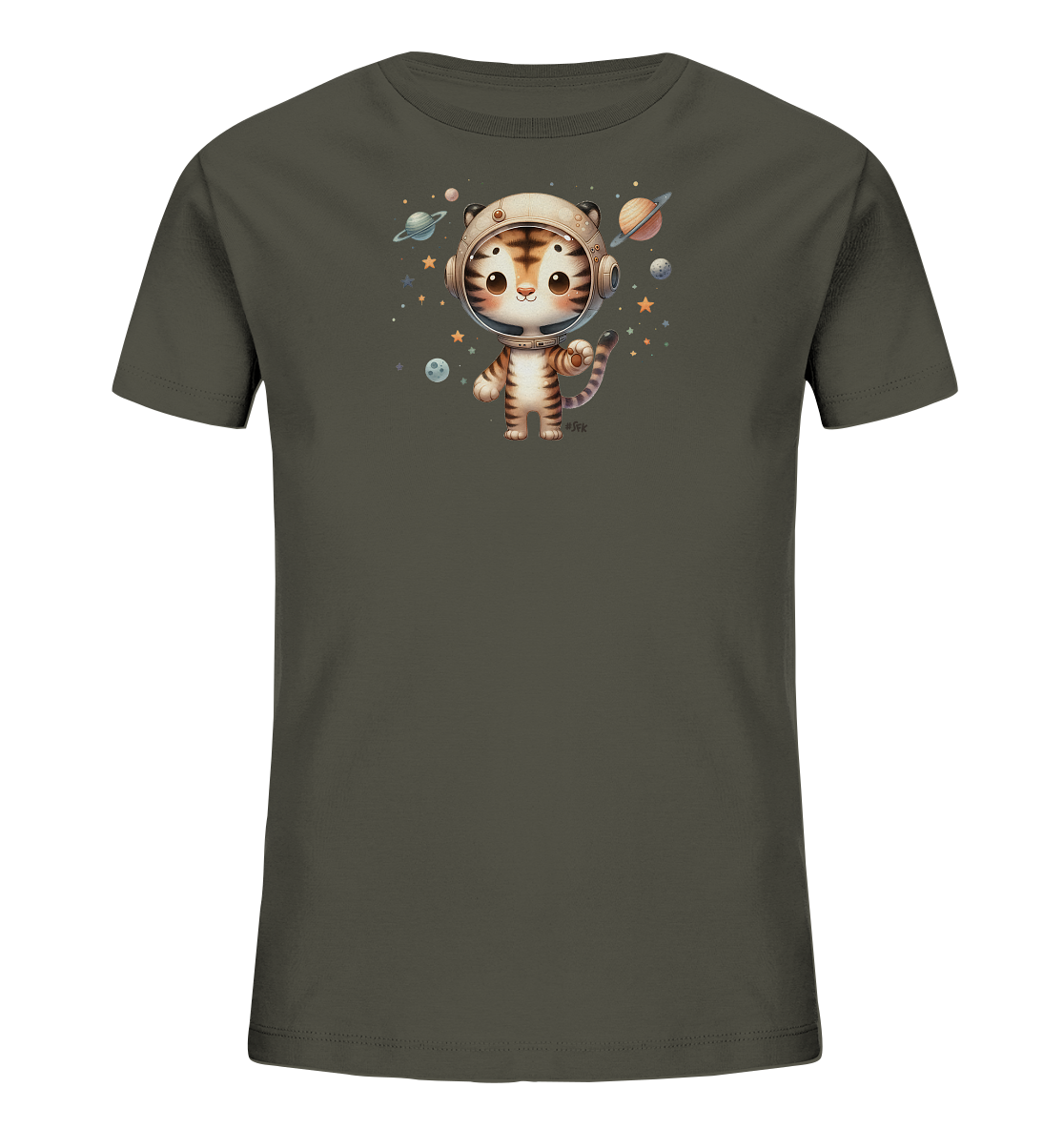 Onlineshop Shirts fuer Kinder - Das Bild zeigt ein dunkelgraues T-Shirt fuer Kinder mit einer niedlichen Illustration eines Tigers in einem Astronautenhelm. Der kleine Tiger ist umgeben von Planeten, Sternen und funkelnden Elementen, die eine Weltraumkulisse bilden. Er hat grosse, freundliche Augen und einen gestreiften Schwanz. Das Motiv ist farbenfroh und versprueht eine abenteuerliche, galaktische Stimmung.