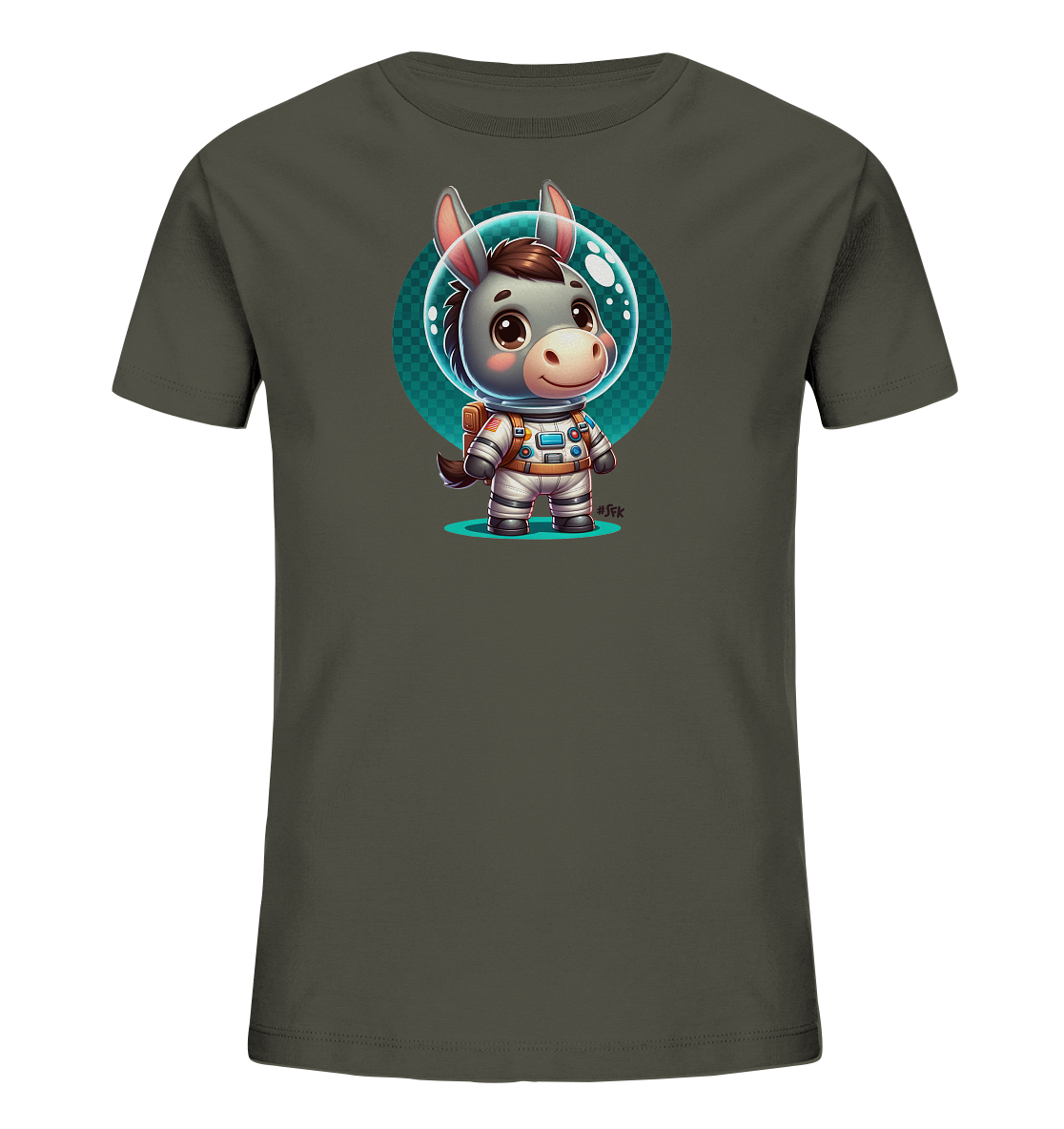 Onlineshop Shirts fuer Kinder - Das Bild zeigt ein dunkelgraues Kinder-T-Shirt. Auf der Vorderseite ist ein suesser Cartoon-Esel in einem Astronautenanzug abgebildet. Der Esel traegt einen Helm mit Visier und steht vor einem runden, teal-farbenen Muster. Das Design wirkt verspielt und abenteuerlich.